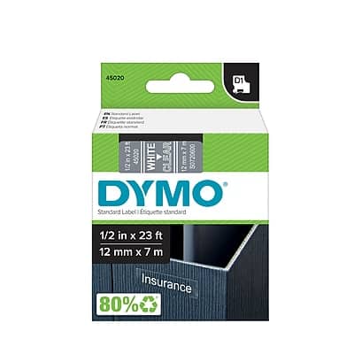 DYMO - D1 Standard Label Maker Tape, 1/2" x 23' - White on Clear