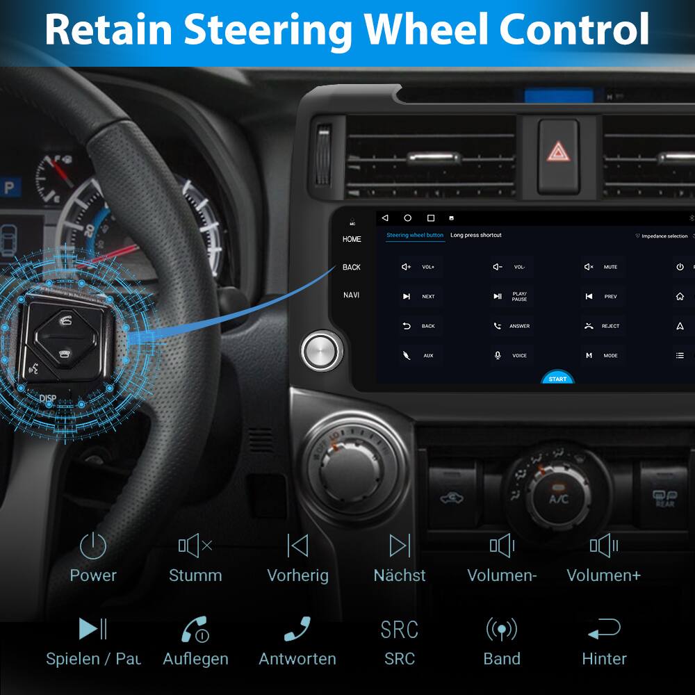 Retain Steering Wheel Control

P E 20 HOME Steering wheel Button Long press shortcut

- BACK
- VOL-
- VOL+
- MUTE
- NAVI
- NEXT
- PLAY
- PREV
- BACK
- ANSWER
- REJECT

- Power
- Stumm
- Vorherig
- Nächst
- Volumen-
- Volumen+
- Spielen / Pau
- Auflegen
- Antworten
- SRC
- SRC
- Band
- Hinter