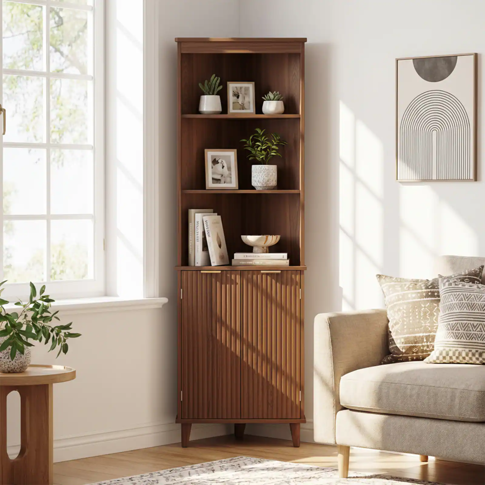 Alt View 1. Costway - Costway 68" Tall Corner Cabinet with Fluted Doors, 6-Tier Space Saver Display Shelves Bathroom Storage Cabinet - Walnut.