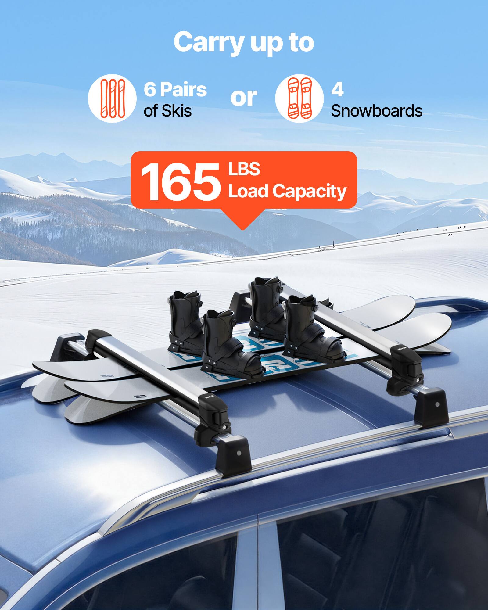Carry up to 6 Pairs of Skis or 4 Snowboards  
LBS 165 Load Capacity