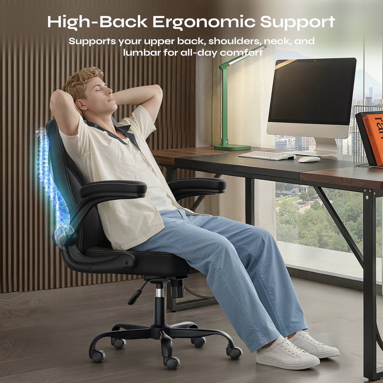 High-Back Ergonomic Support  
Supports your upper back, shoulders, neck, and lumbar for all-day comfort