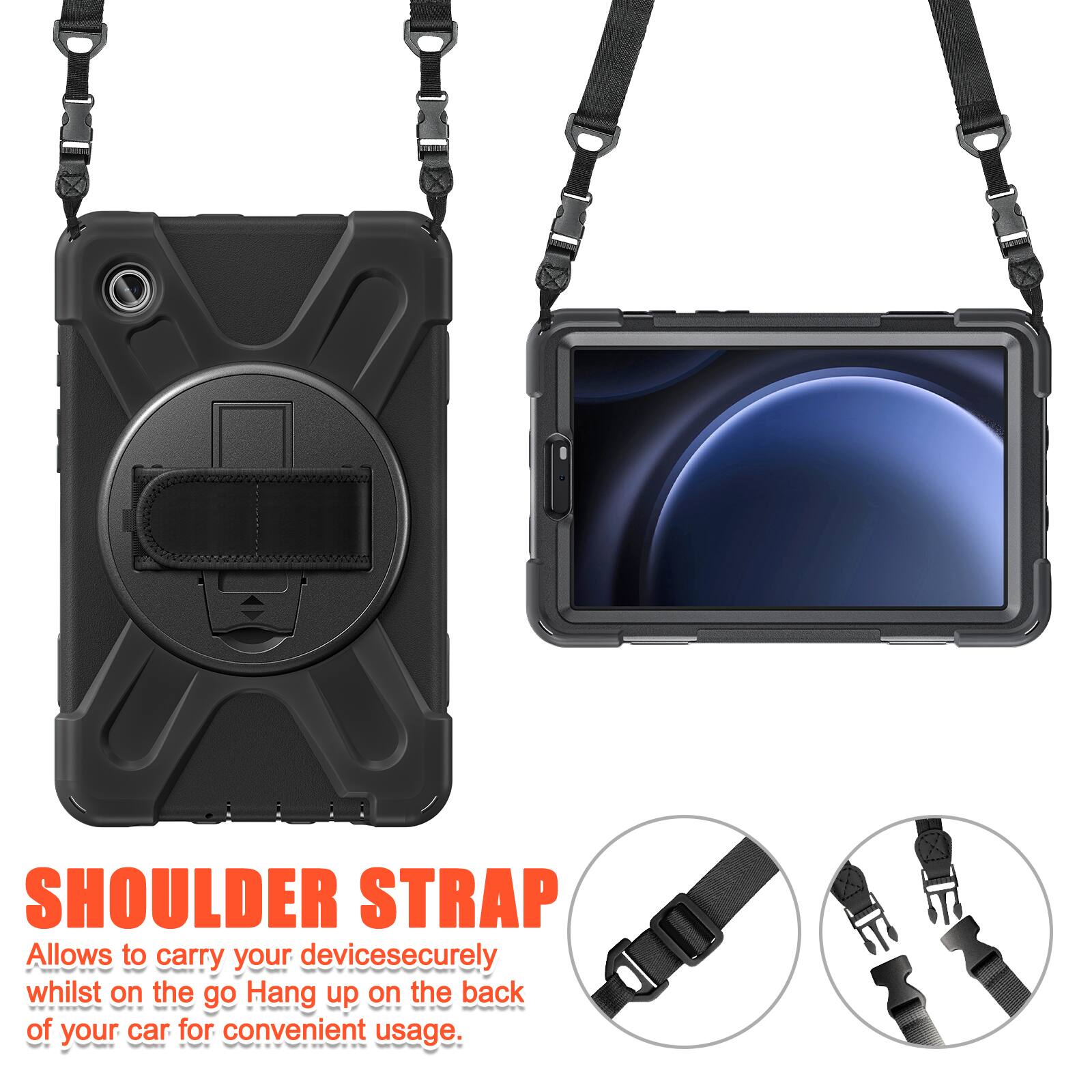 SHOULDER STRAP  
Allows to carry your devices securely whilst on the go. Hang up on the back of your car for convenient usage.