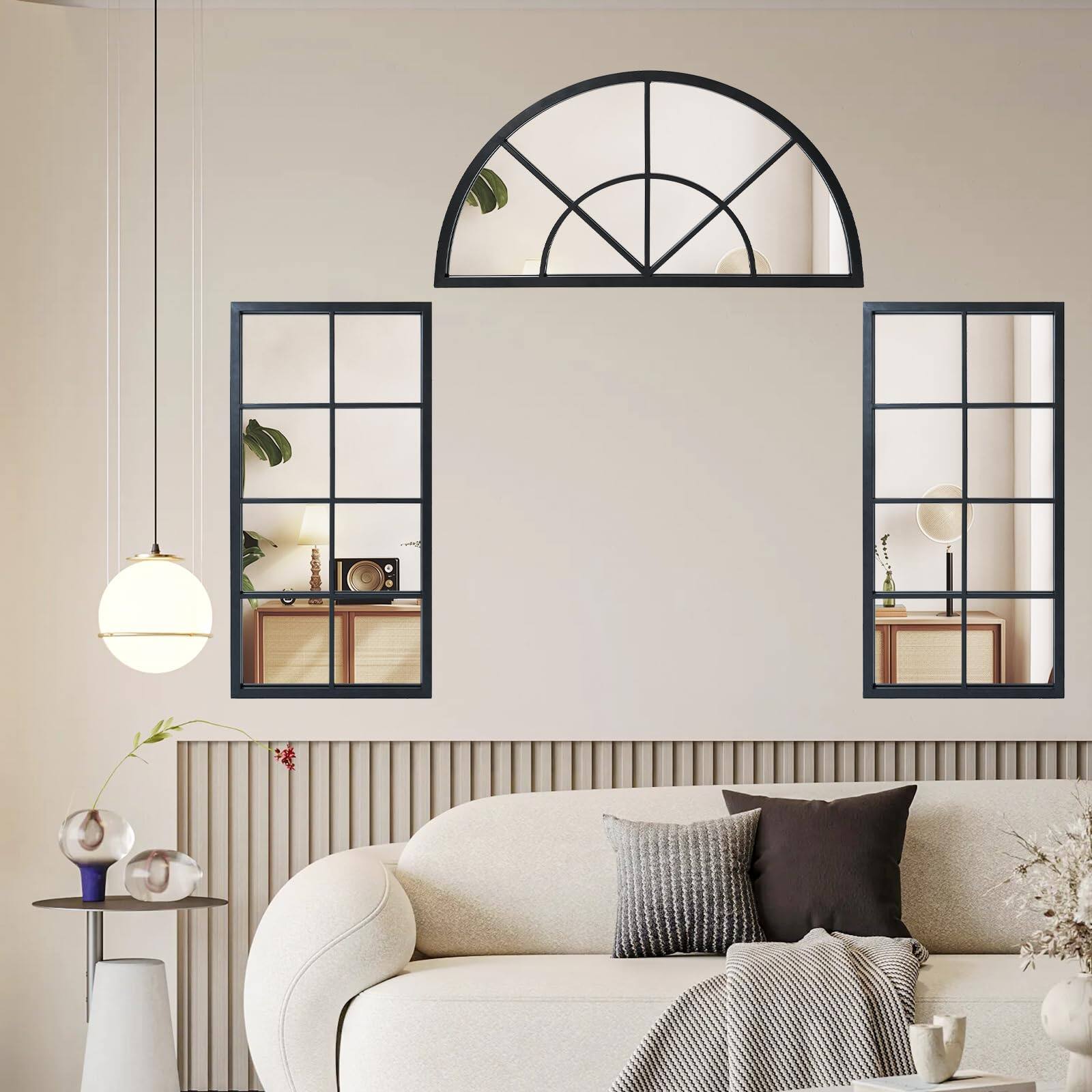 Alt View 3. Cedar Assembly - Arched Window Pane Wall Mirrors Set Of 3 47 24 31 5" Diy Window-shaped Decorative Art Mirror Metal Window... - Black-spliced-47.2"L x 31.5"W.