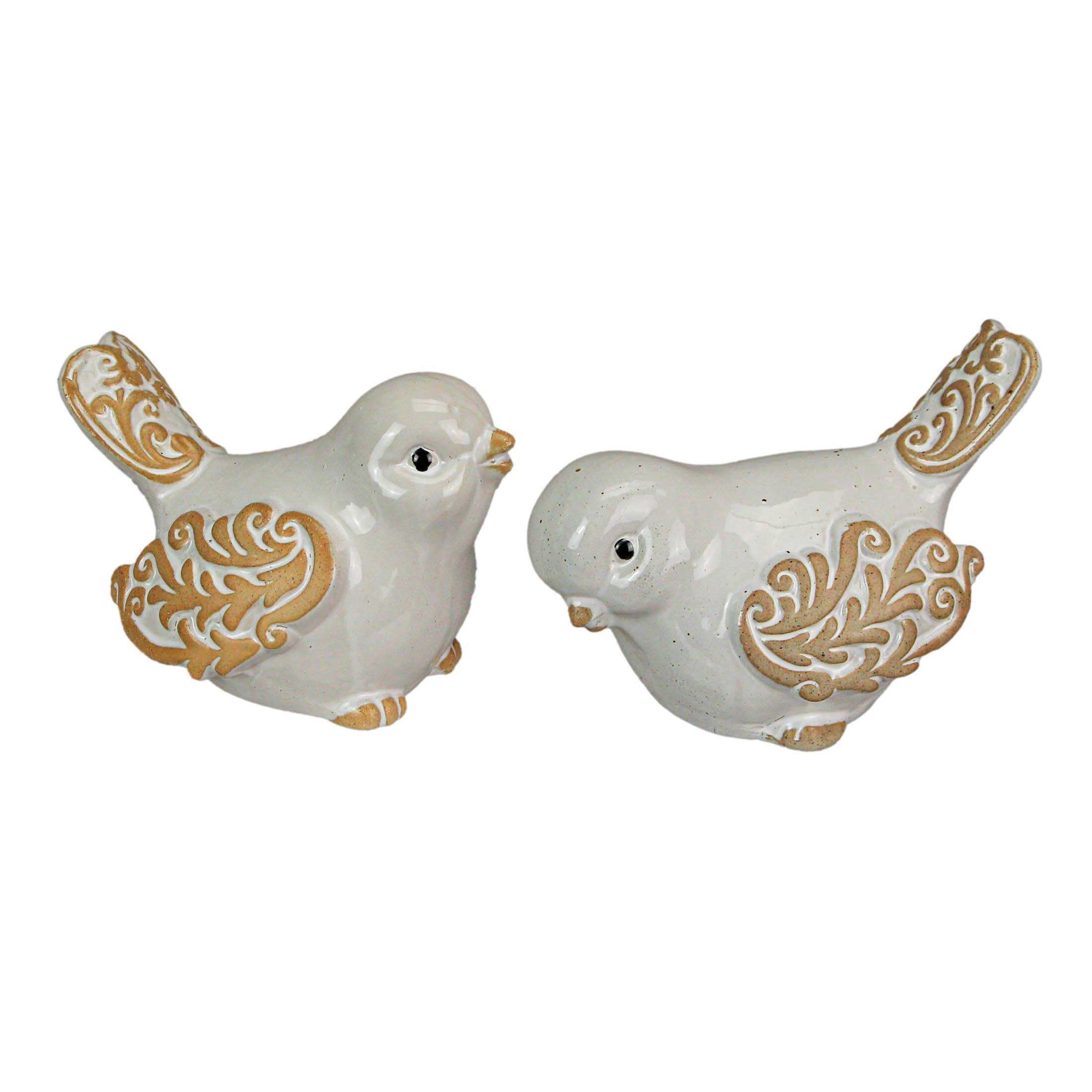 Front. Special T Imports - 7 Inch Ceramic Bird Figurine Farmhouse Art Home Decor Shelf Sculpture Set of 2 - Beige.