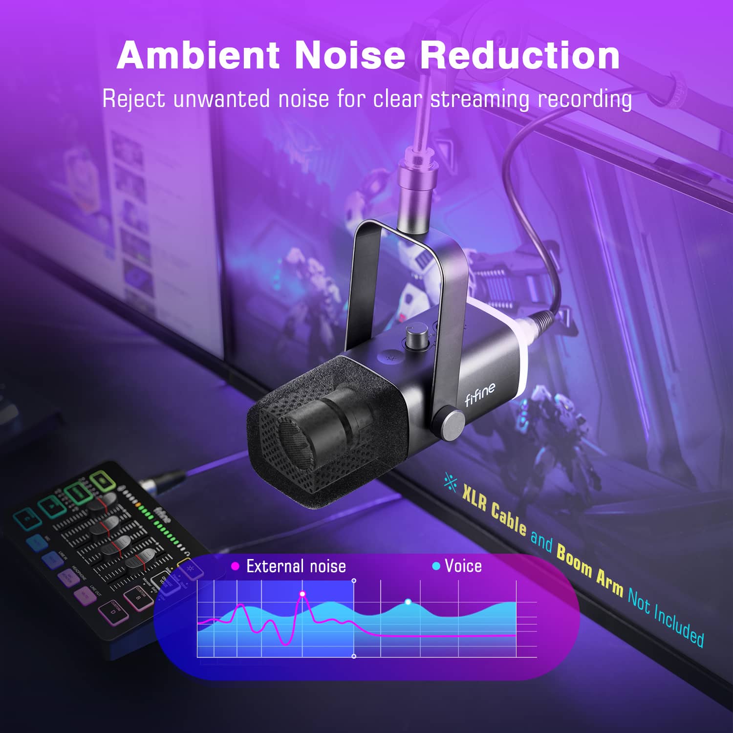 Ambient Noise Reduction: Reject unwanted noise for clear streaming recording. Fifine T - External noise KLR Cable and Voice Boom Arm Not Included.