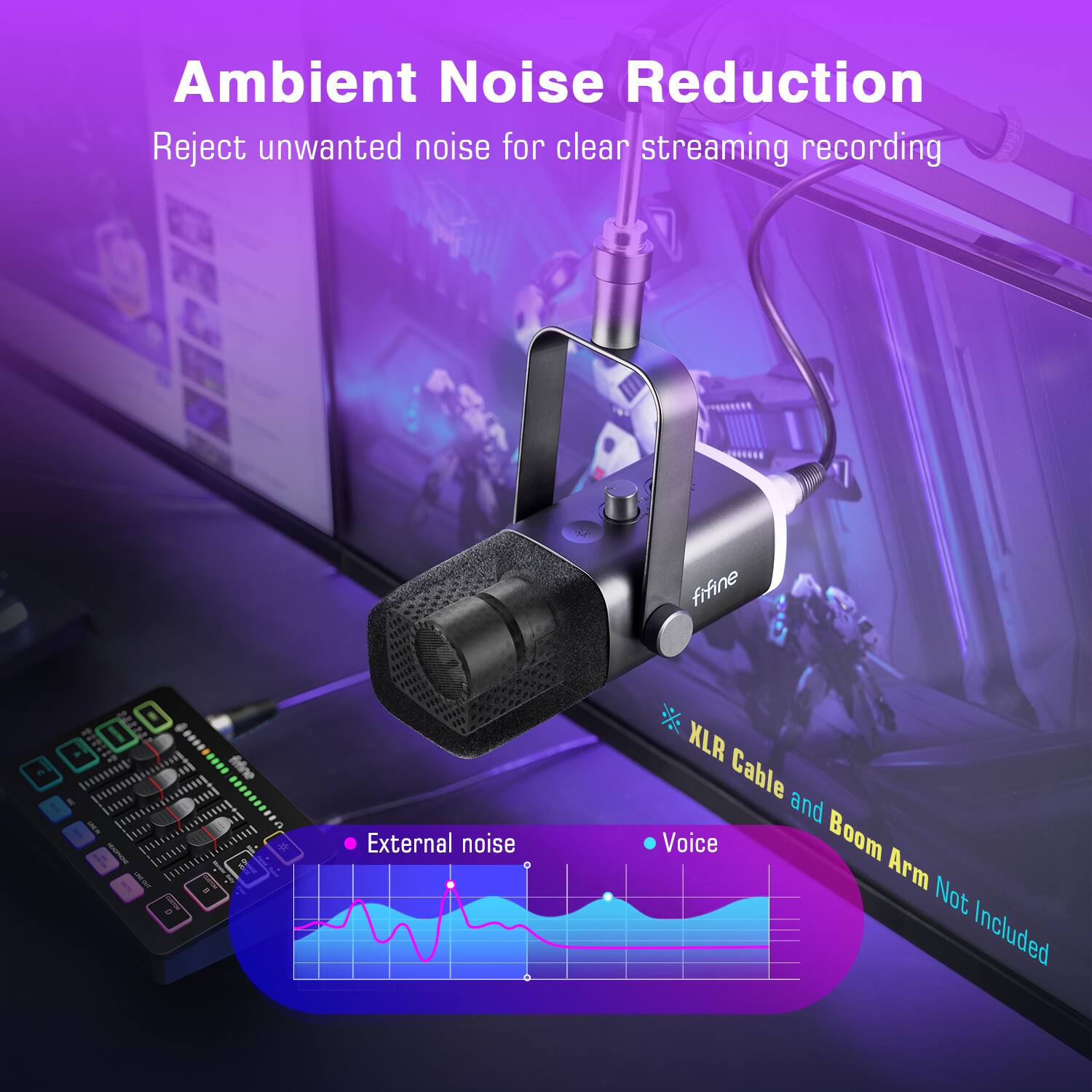 Ambient Noise Reduction: Reject unwanted noise for clear streaming recording. Fifine T - External noise KLR Cable and Voice Boom Arm Not Included.