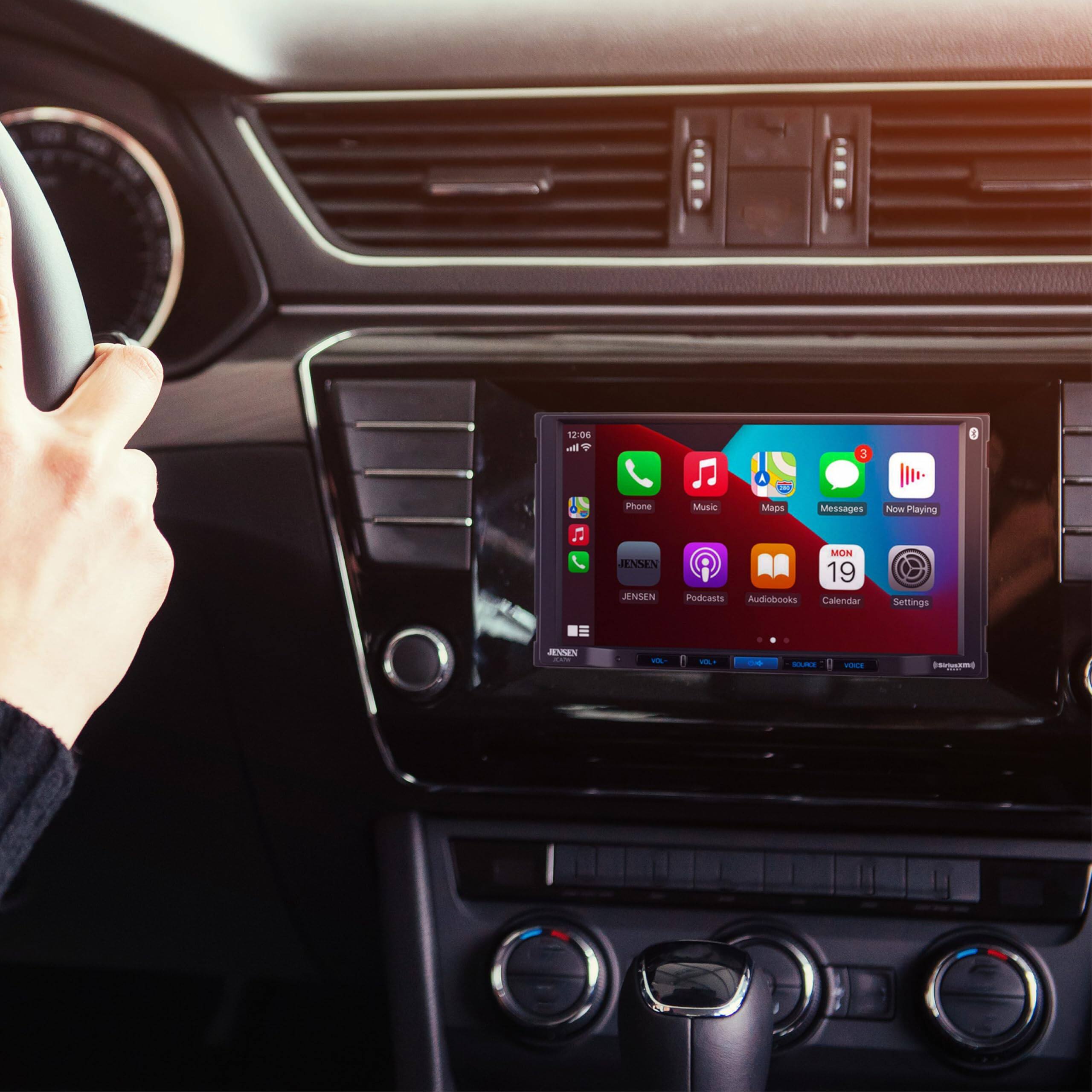 12:06, al + 3, 0, A, Phone, Music, Messages, Now Playing, JENSEN, JENSEN, MON 19, Podcasts, Audiobooks, Calendar, Settings