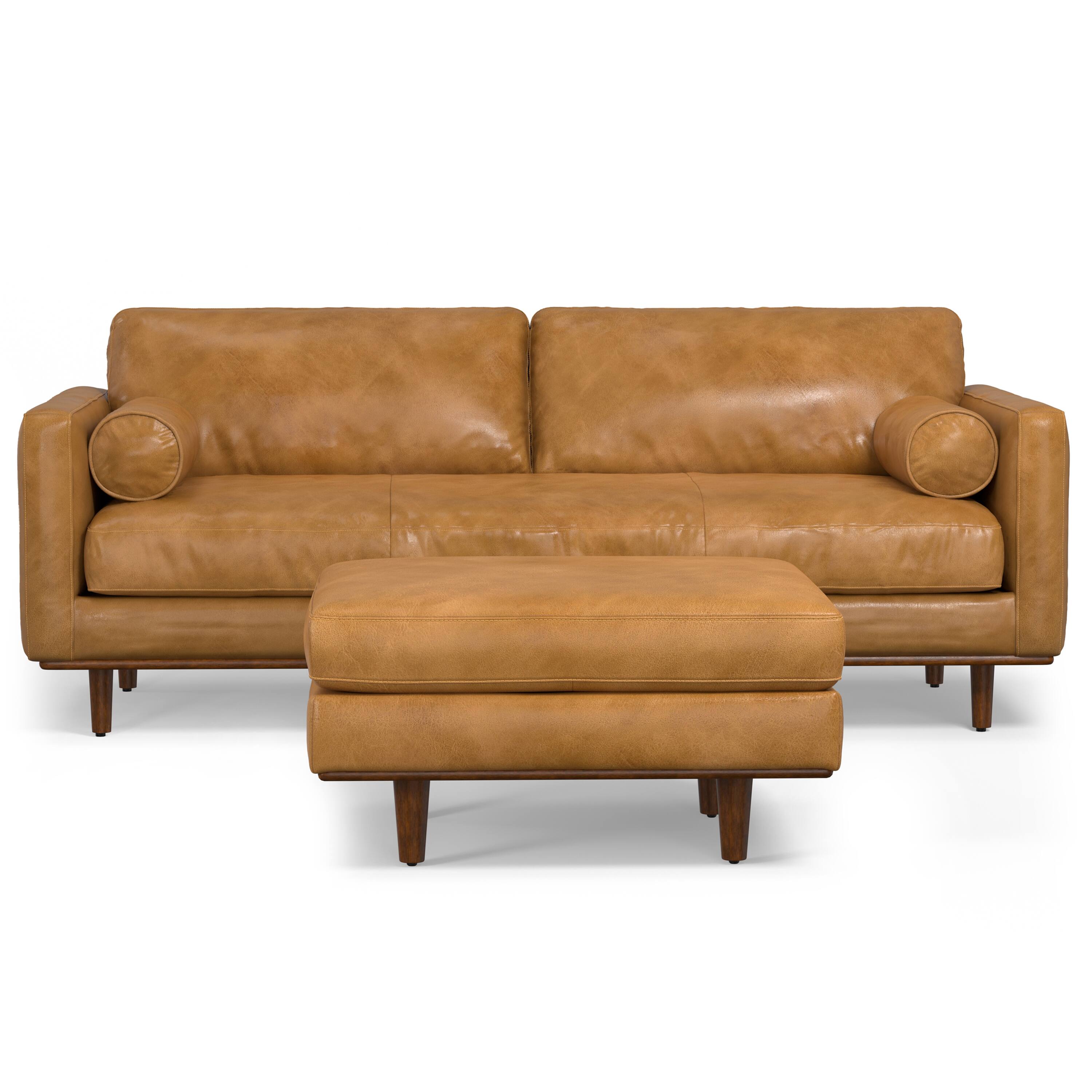 Left. Simpli Home - Morrison Mid-Century Modern 89 inch Wide Sofa with Ottoman Set in Sienna Genuine Leather - Sienna.