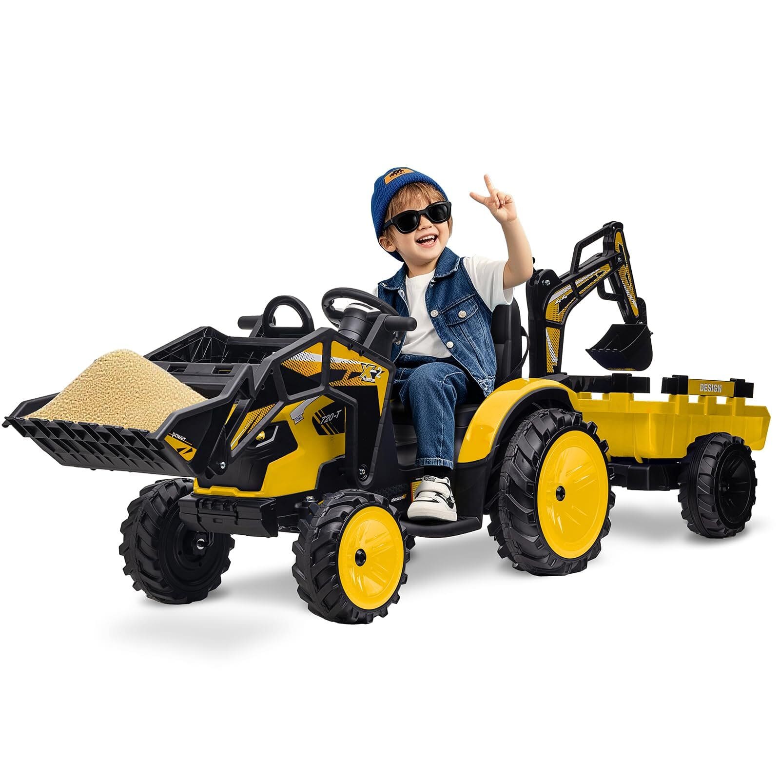 Jojoka - 3 in 1 Ride on Tractor, Excavator & Bulldozer, GAOMON 24V Electric Vehicles w/Trailer - Yellow