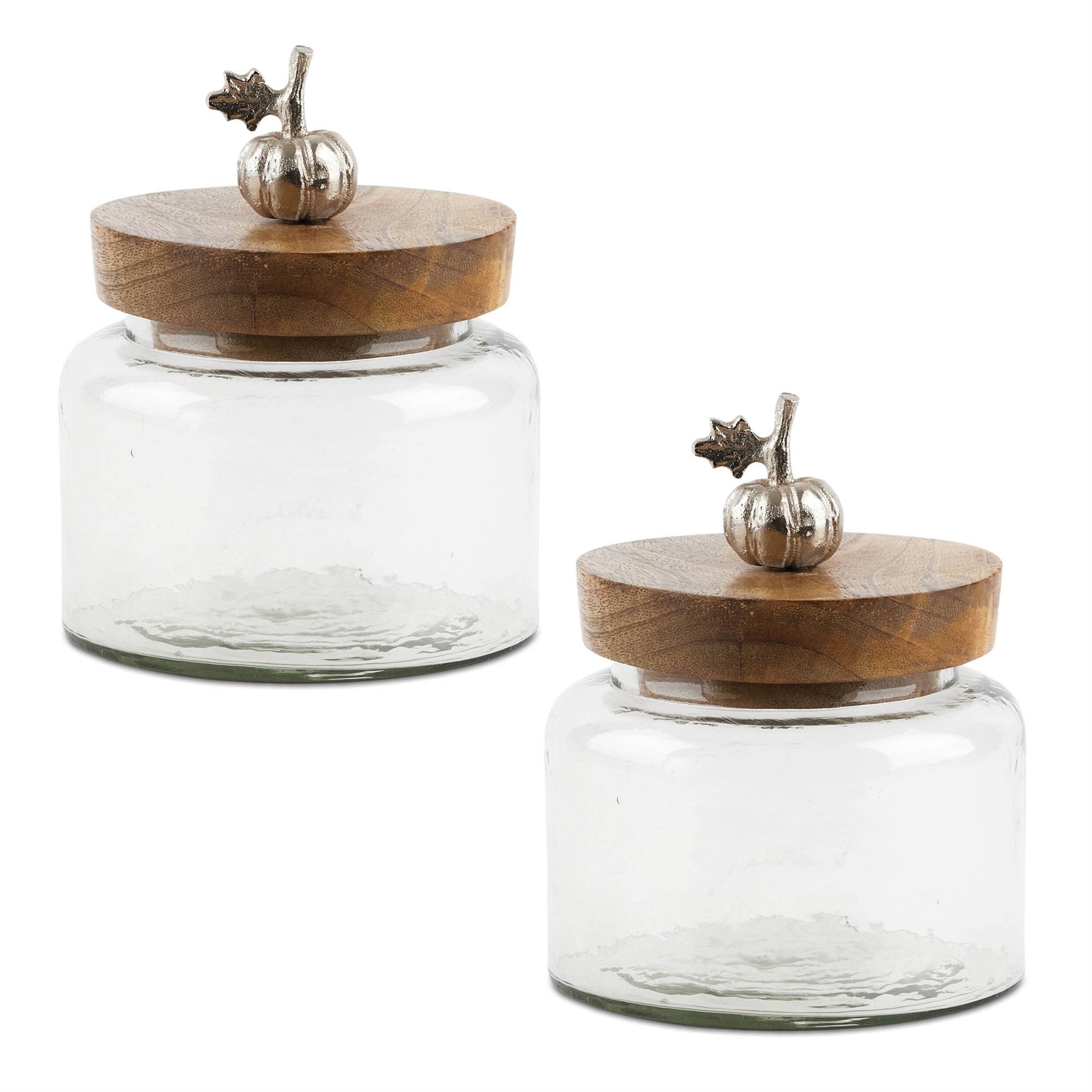 Left. BreeBe - Glass Canister with Mango Wood Lid and Pumpkin Accent (Set of 2) - Brown.
