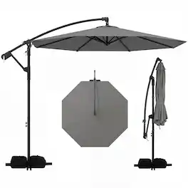 Costway - 10 FT Offset Hanging Umbrella with Base Patio Cantilever Umbrella 360° Rotation - Gray
