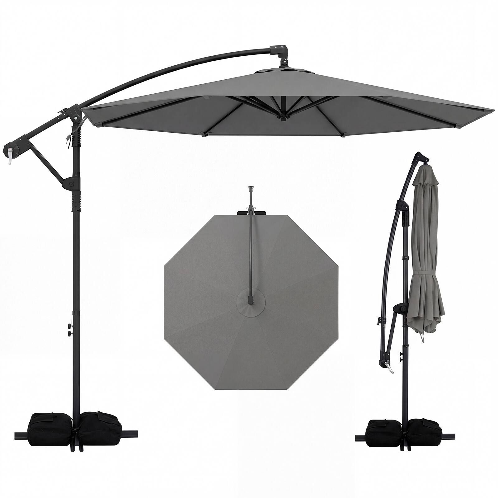 Costway - 10 FT Offset Hanging Umbrella with Base Patio Cantilever Umbrella 360° Rotation - Gray