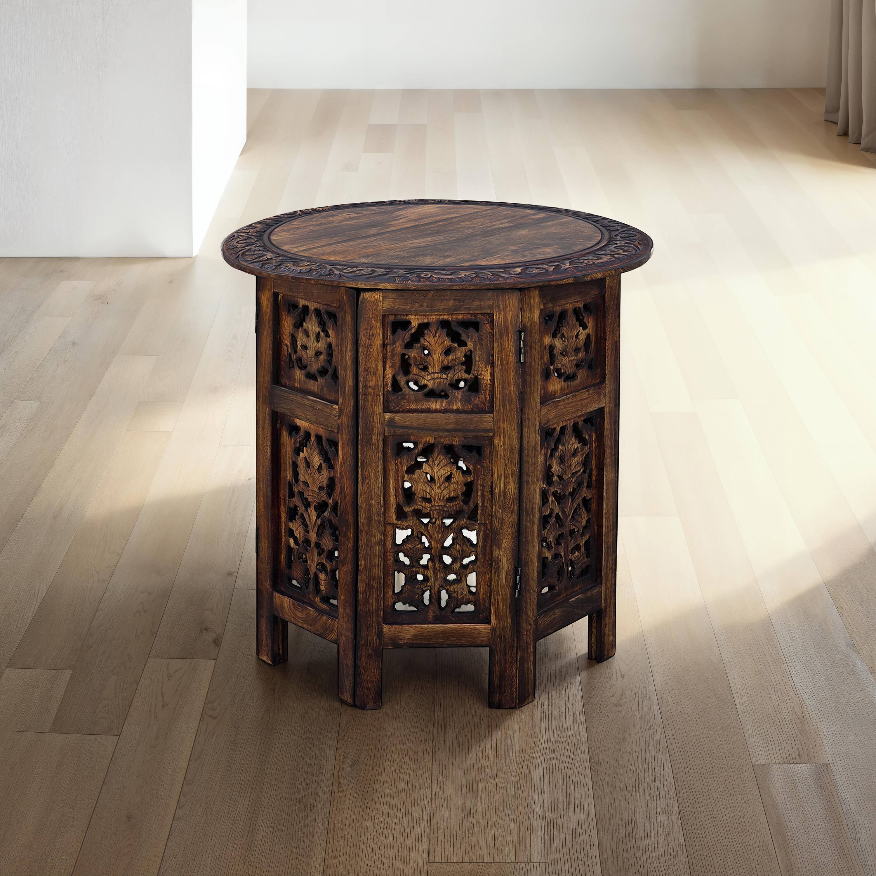 Alt View 5. Manhattan Lane - 18 Inch Mango Wood Folding Accent Table, Hand Carved - Brown.