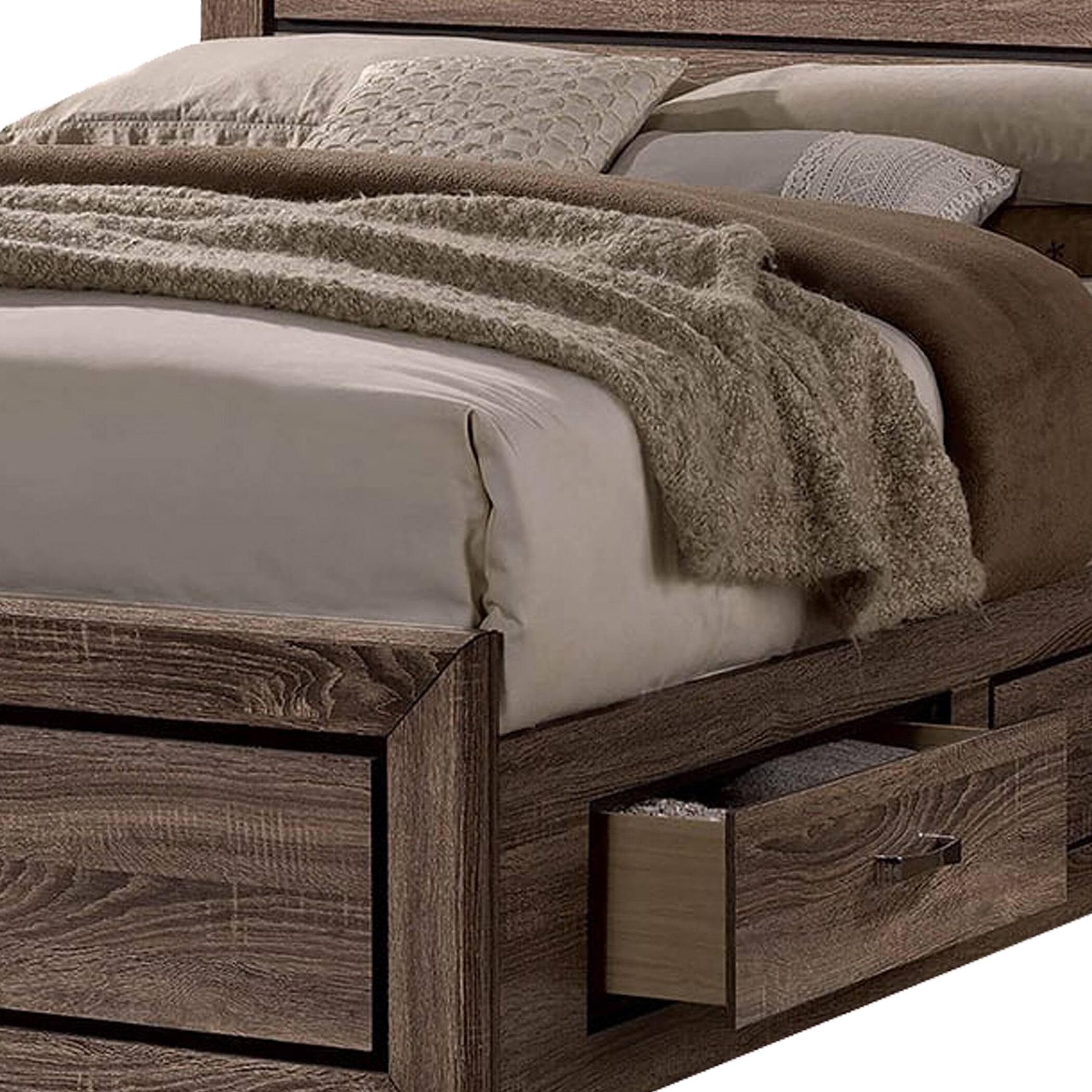 Alt View 2. Manhattan Lane - Wooden Queen Size Bed with 4 Spacious Side Rail Drawers - Brown.