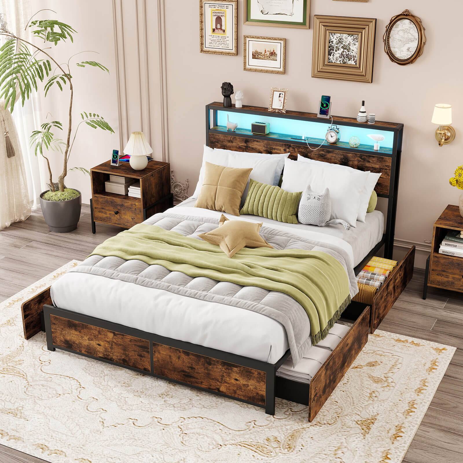 Alt View 3. Costway - Costway Full Size LED Bed Frame w/2-Tier Storage Headboard & 4 Drawers Charging Station - Rustic Brown,Black.