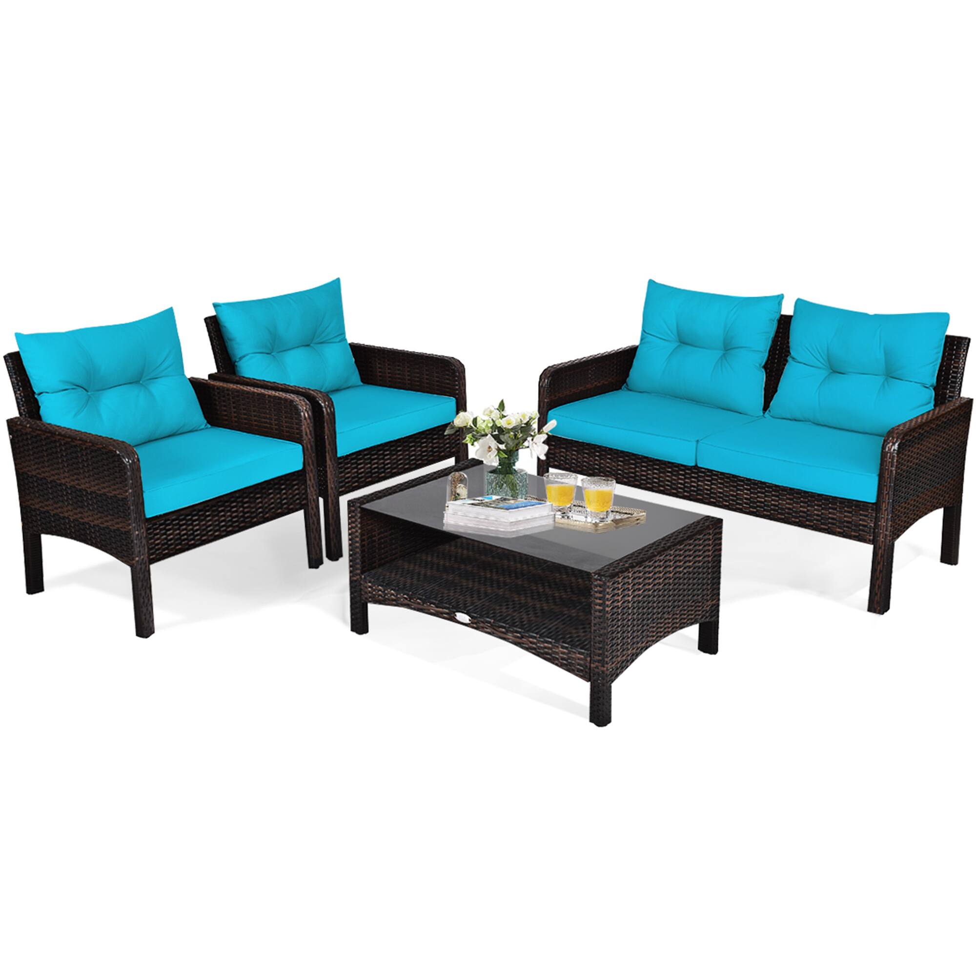 Alt View 5. Gymax - Gymax 4PCS Rattan Patio Furniture Conversation Set Cushioned Outdoor Furniture Set - Turquoise.