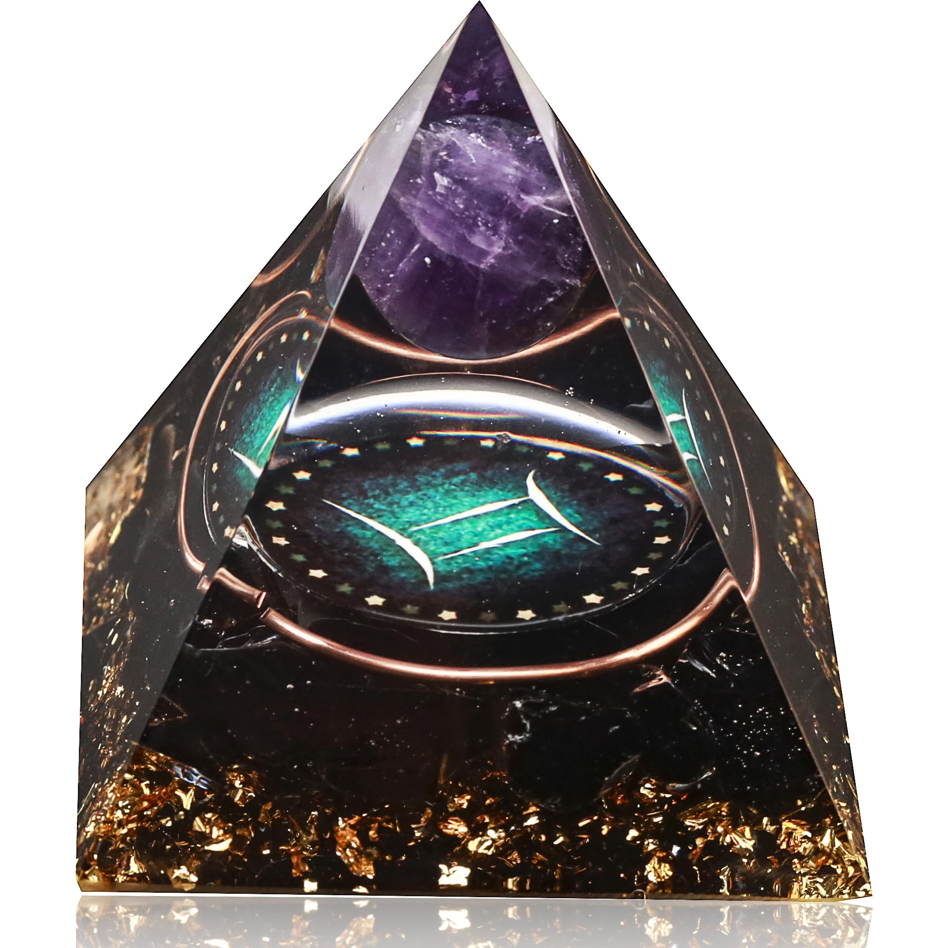Front. Alchemy Casas - Gemini Amethyst Obsidian Orgone Pyramid for Protection, Chakra Balance & Positive Energy - Gemini.