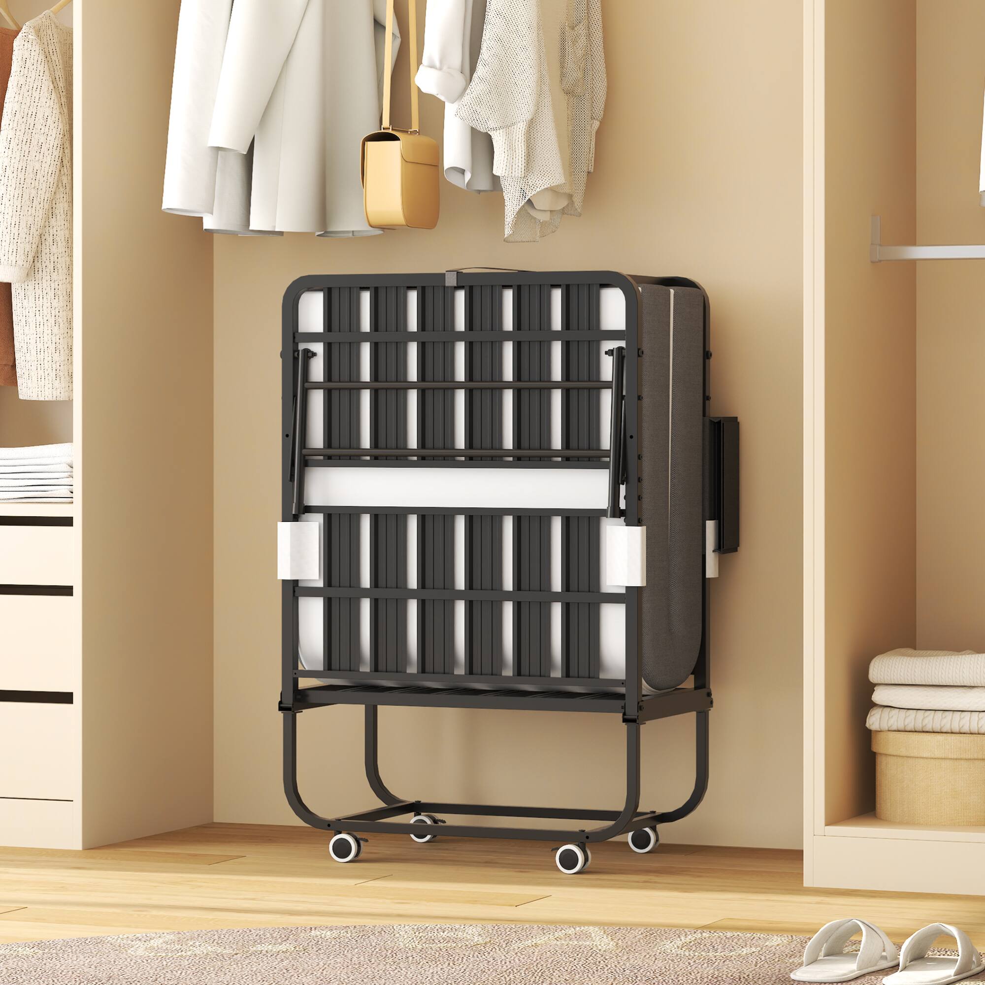 Back. GOODSILO - 75-Inch Folding Guest Bed with Adjustable Headboard and Memory Foam Mattress, Space Saving Rollaway Bed with Wheels - Black.