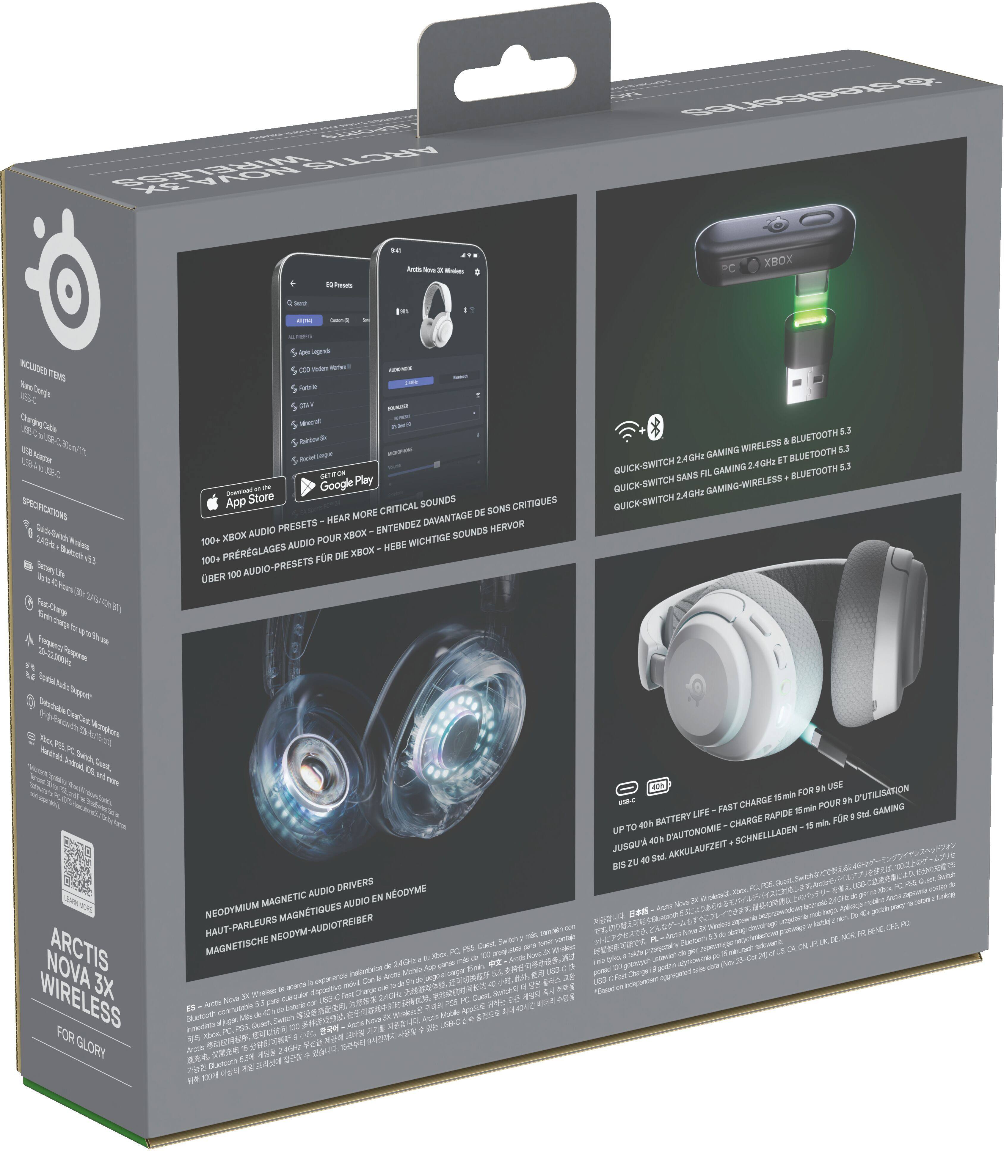 Sure, here is the corrected and grouped text from the image:

---

**ARCTIS NOVA 3X WIRELESS**

**FOR GLORY**

**SPECIFICATIONS**

- **Wireless Gaming Headset**
- **2.4GHz Wireless & Bluetooth 5.3**
- **Quick-Switch 2.4GHz Gaming Wireless & Bluetooth 5.3**
- **Quick-Switch 2.4GHz Gaming Wireless & Bluetooth 5.3**
- **Quick-Switch 2.4GHz Gaming Wireless & Bluetooth 5.3**
- **Quick-Switch 2.4GHz Gaming Wireless & Bluetooth 5.3**
- **Quick-Switch 2.4GHz Gaming Wireless & Bluetooth 5.3**
- **Quick-Switch 2.4GHz Gaming Wireless & Bluetooth 5.3**
- **Quick-Switch 2.4GHz Gaming Wireless & Bluetooth 5.3**
- **Quick-Switch 2.4GHz Gaming Wireless & Bluetooth 5.3**
- **Quick-Switch 2.4GHz Gaming Wireless & Bluetooth 5.3**
- **Quick-Switch 2.4GHz Gaming Wireless & Bluetooth 5.3**
- **Quick-Switch 2.