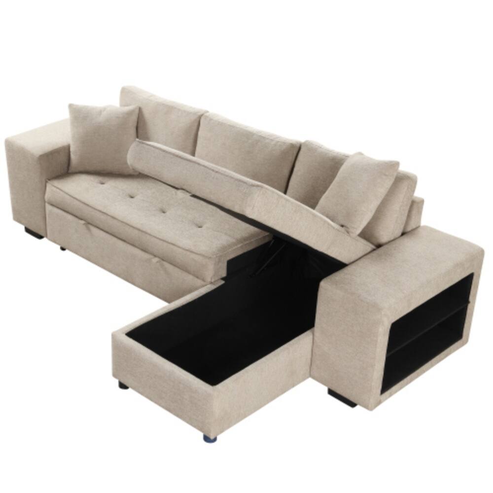 Alt View 7. LUCKY ONE - 104.5" L-Shape Reversible Pull-Out Sleeper Sectional Sofa with Storage Chaise & 2 Stools - Cream.