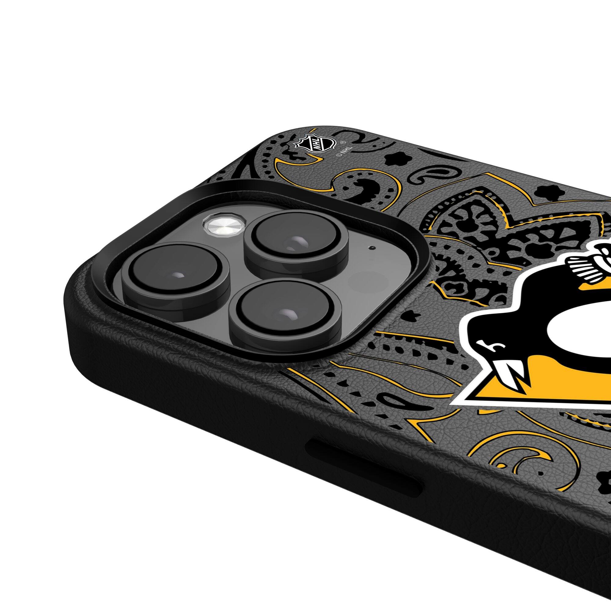 Alt View 3. Keyscaper - Black Pittsburgh Penguins Paisley iPhone Magnetic Bump Case - 14 Pro - Black.