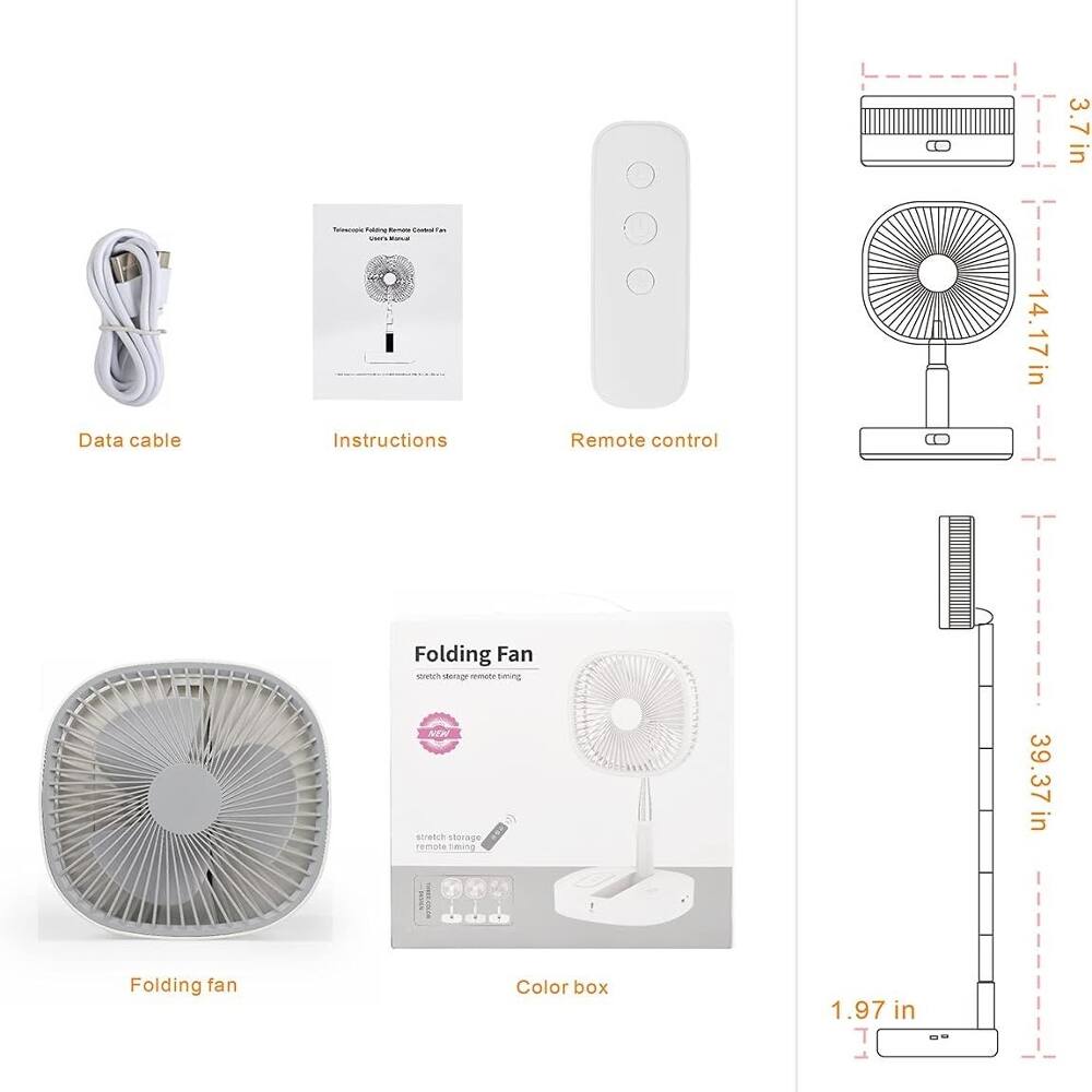 3.7 in  
4.17 in  
39.37 in  
1.97 in  

Data cable  
Instructions  
Remote control  
Folding fan  
Color box