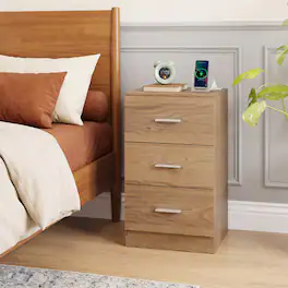 WELLFOR - Nightstand with Charging Station and 3 Storage Drawers for Bedroom - Natural