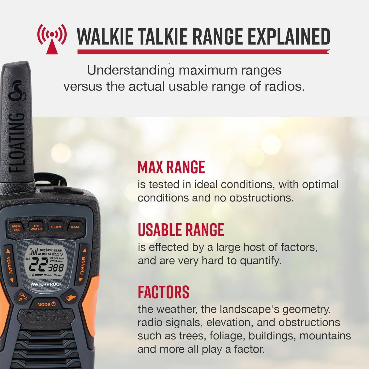 WALKIE TALKIE RANGE EXPLAINED

Understanding maximum ranges versus the actual usable range of radios.

MAX RANGE is tested in ideal conditions, with optimal conditions and no obstructions.

USABLE RANGE is affected by a large host of factors, and are very hard to quantify.

FACTORS the weather, the landscape's geometry, radio signals, elevation, and obstructions such as trees, foliage, buildings, mountains and more all play a factor.