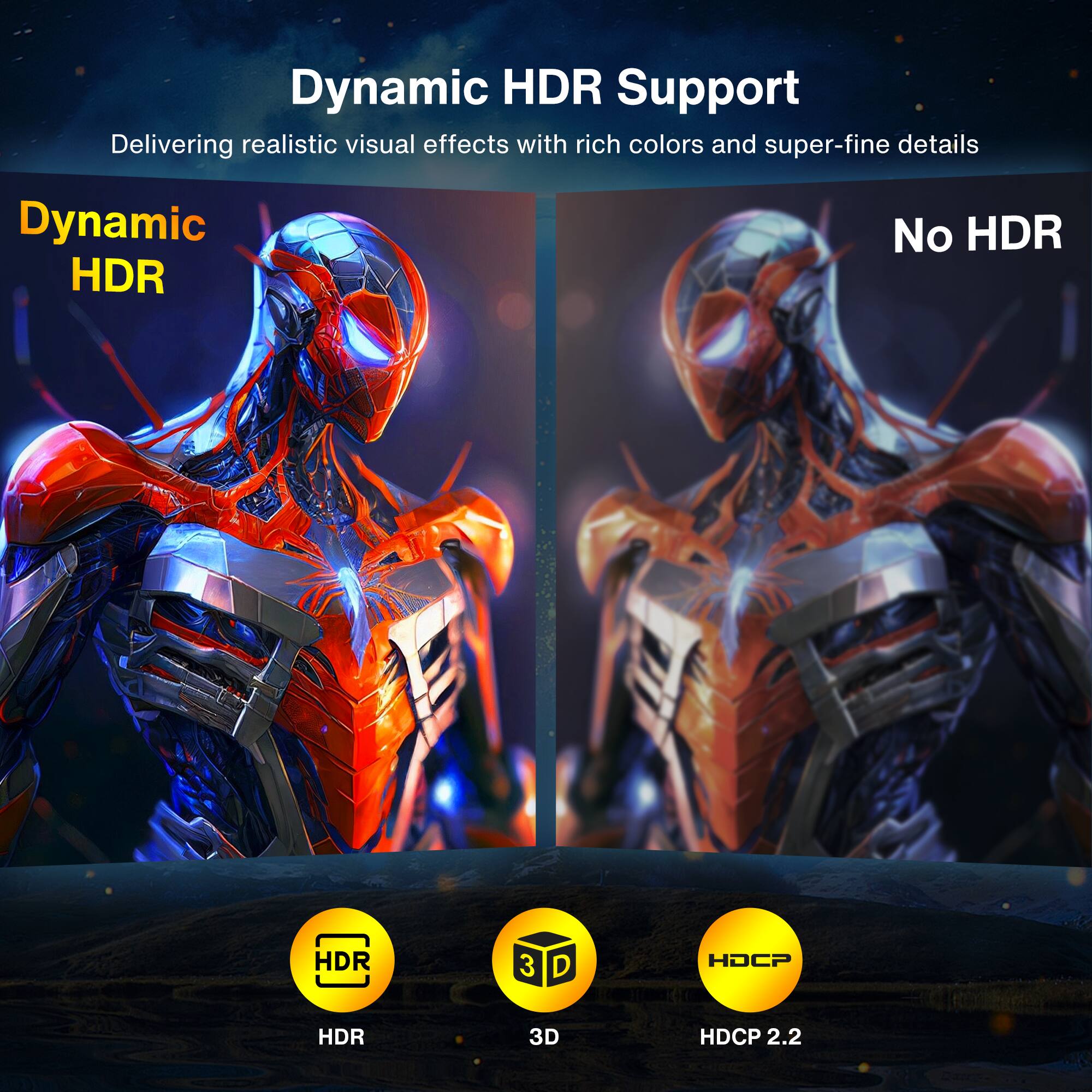 Dynamic HDR Support  
Delivering realistic visual effects with rich colors and super-fine details  

Dynamic HDR  
No HDR  

HDR  
3D  
HDCP 2.2