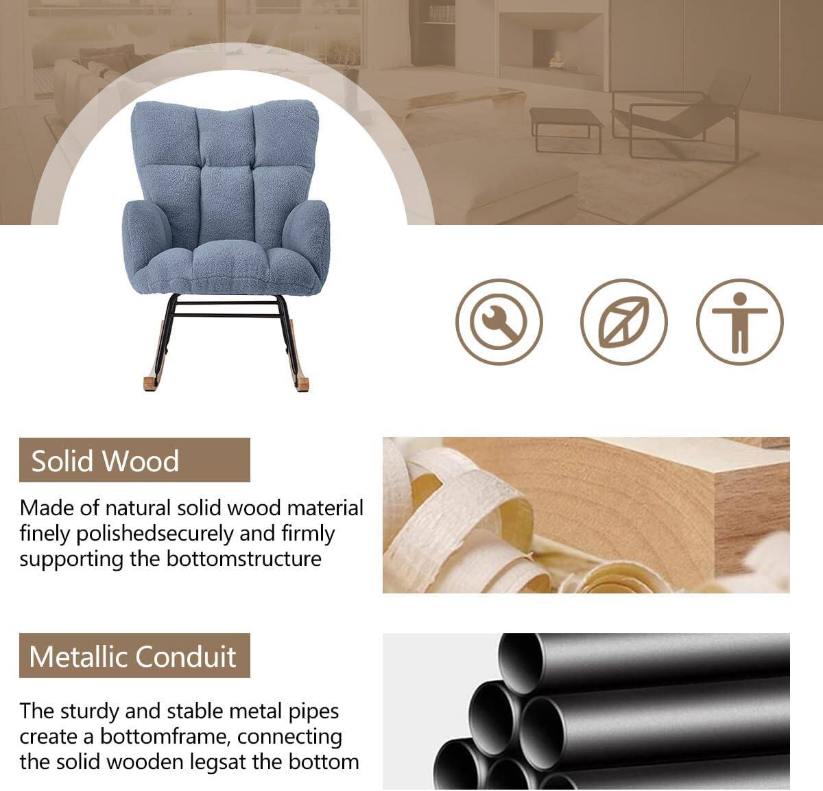 Solid Wood  
Made of natural solid wood material, finely polished, securely and firmly supporting the bottom structure.

Metallic Conduit  
The sturdy and stable metal pipes create a bottom frame, connecting the solid wooden legs at the bottom.