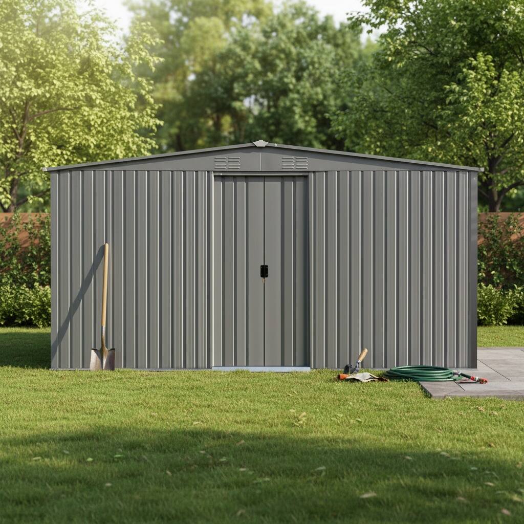 Alt View 3. Loheer - Loheer 13x11 Metal Shed With Firewood Storage Grey Outdoor Tool Shed Dual Function Apex Roof Garden Shed.
