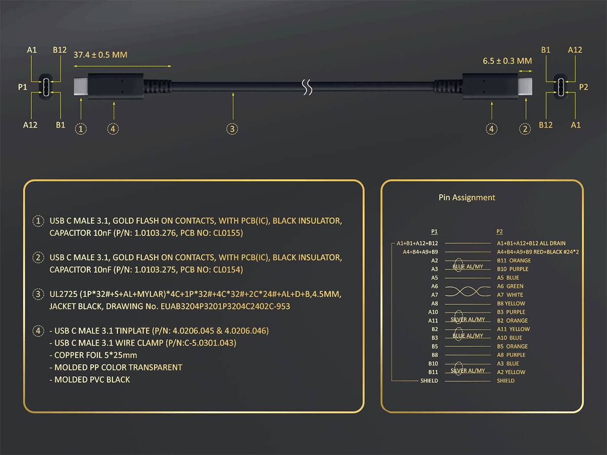 A1 B12 37.4 ± 0.5 MM  
0.5 6.5 ± 0.3 MM  
B1 A12 P1 P2 A12 B1 1 4 3 4 2 B12 A1  

Pin Assignment  
1 USB C MALE 3.1, GOLD FLASH ON CONTACTS, WITH PCB(IC), BLACK INSULATOR, CAPACITOR 10nF (P/N: 1.0103.276, PCB NO: CLO155)  
2 USB C MALE 3.1, GOLD FLASH ON CONTACTS, WITH PCB(IC), BLACK INSULATOR, CAPACITOR 10nF (P/N: 1.0103.275, PCB NO: CLO154)  
3 UL2725 (1P*324+S+AL+MYLAR)*4C+1P*32#+4C*32#+2C*24#+AL+D+B, 4.5MM, JACKET BLACK, DRAWING No. EUAB3204P3201P320