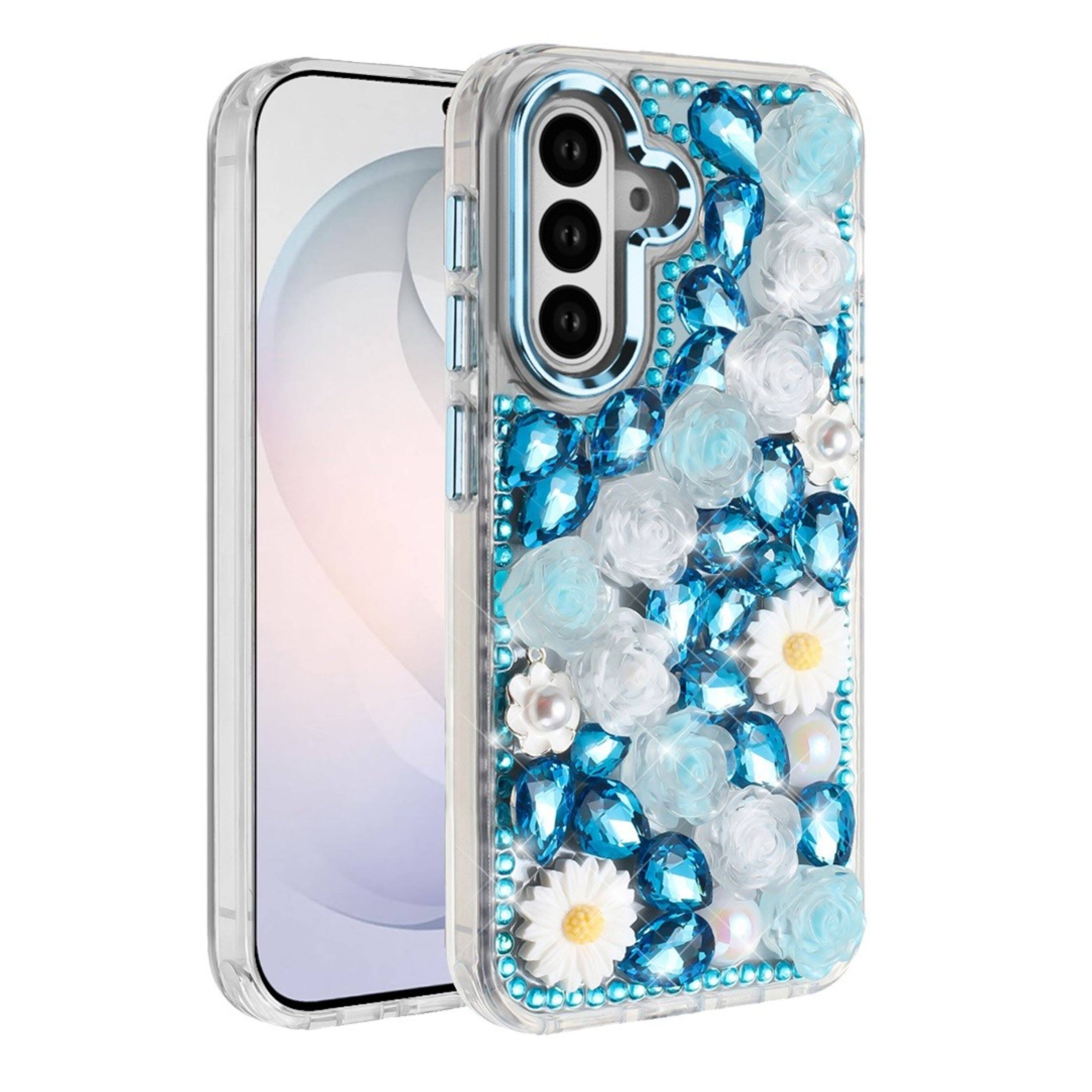 Angle. Kitcheniva - 3D Bling Rhinestone Jewel Cover Plus Tempered Glass For Samsung S26 FE Blue - Blue.