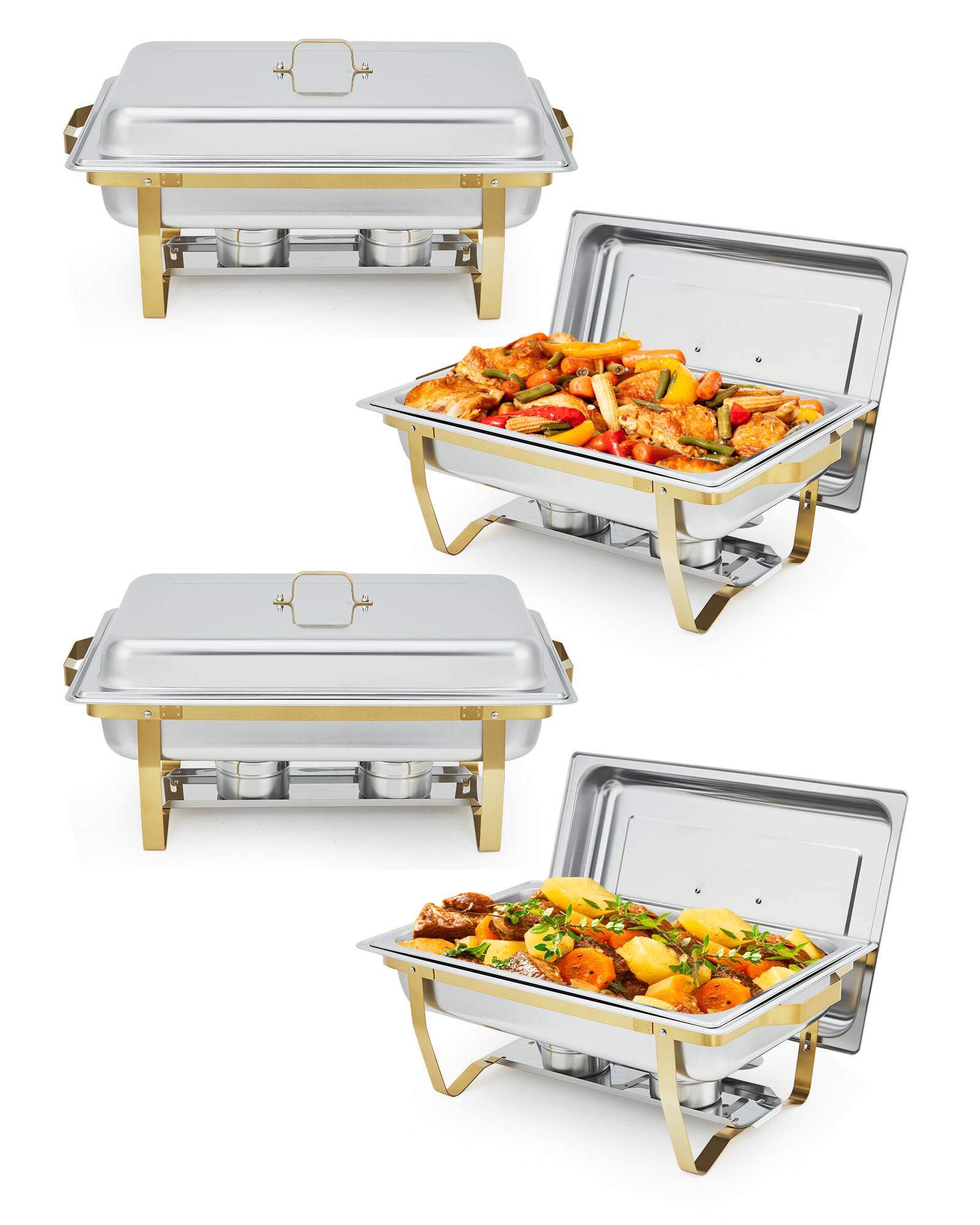 GARVEE - 4 Pack Chafing Dishes for Buffet, 8QT Buffet Servers and Warmers Set with Lid & Foldable Frame - Gold