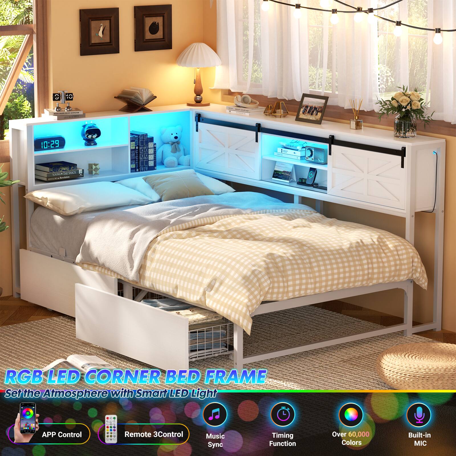 - 10:29 - C STLE SLE C...
- RGB LED CORNER BED FRAME
- Set the Atmosphere with Smart LED Light
- APP Control
- Remote 3Control
- Music Sync
- Timing Function
- Over 60,000 Colors
- Built-in MIC
