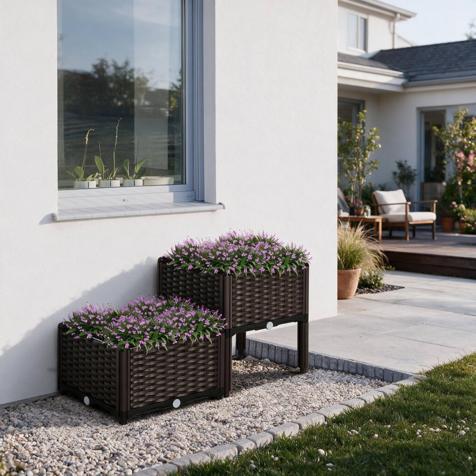 Angle. RYHNUYNE - Outsunny Raised Garden Bed with Legs, Self-Watering Planter Box, Polypropylene Rattan Planter for Flowers, Herbs & - Matte Brown.