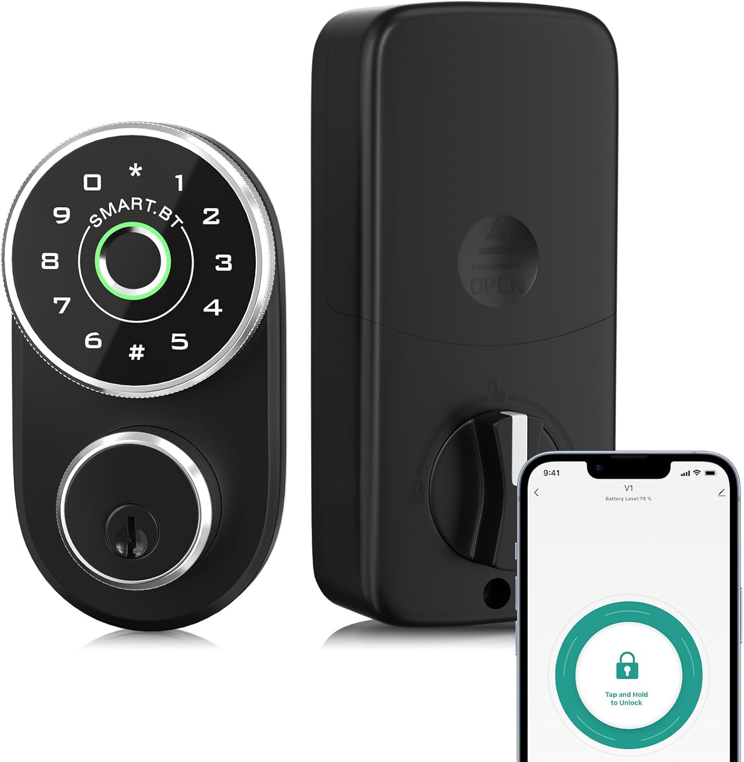 Fitnate - 4 in 1 Smart Fingerprint Door Knob with Keypad, App Control - Black