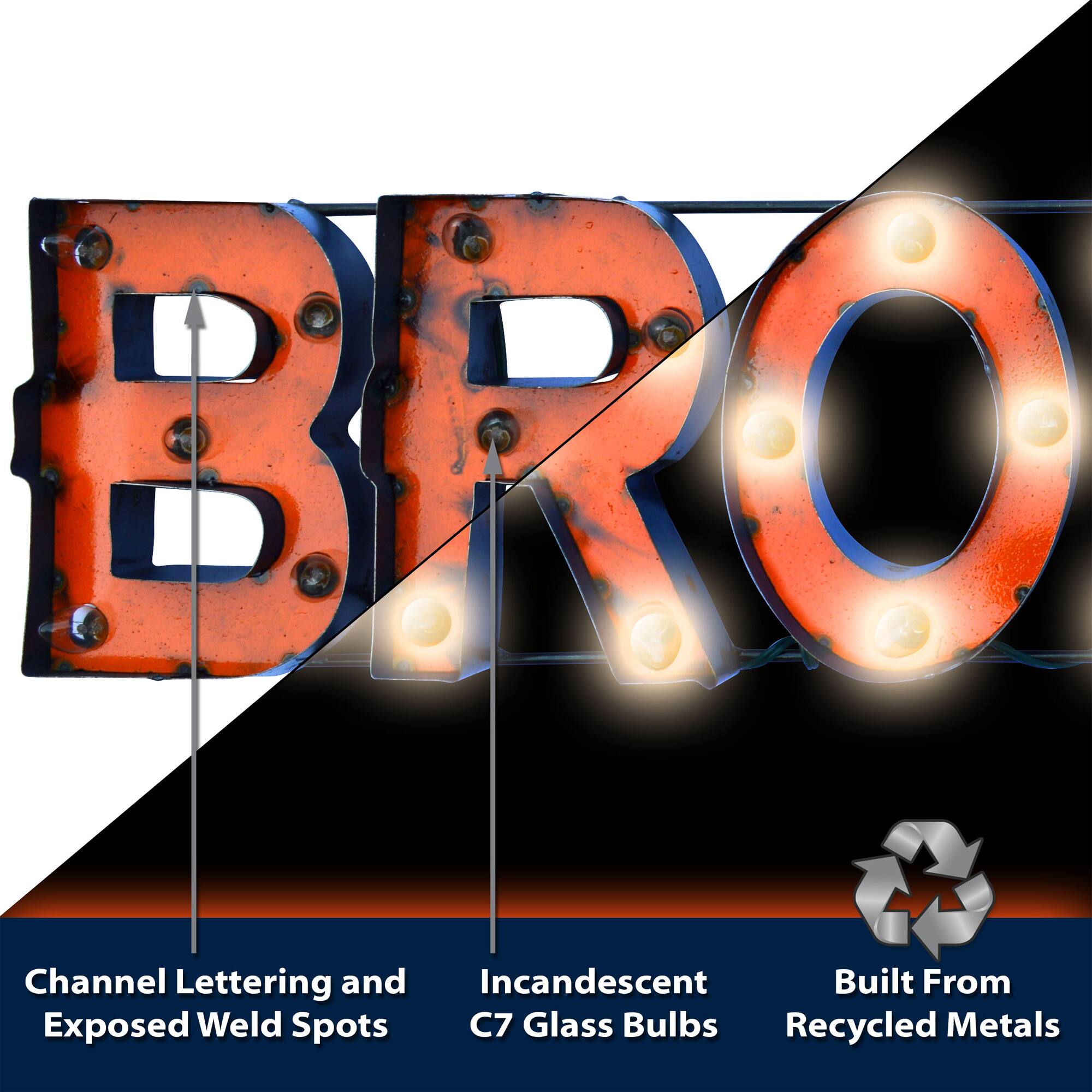 - Channel Lettering and Exposed Weld Spots
- Incandescent C7 Glass Bulbs
- Built From Recycled Metals