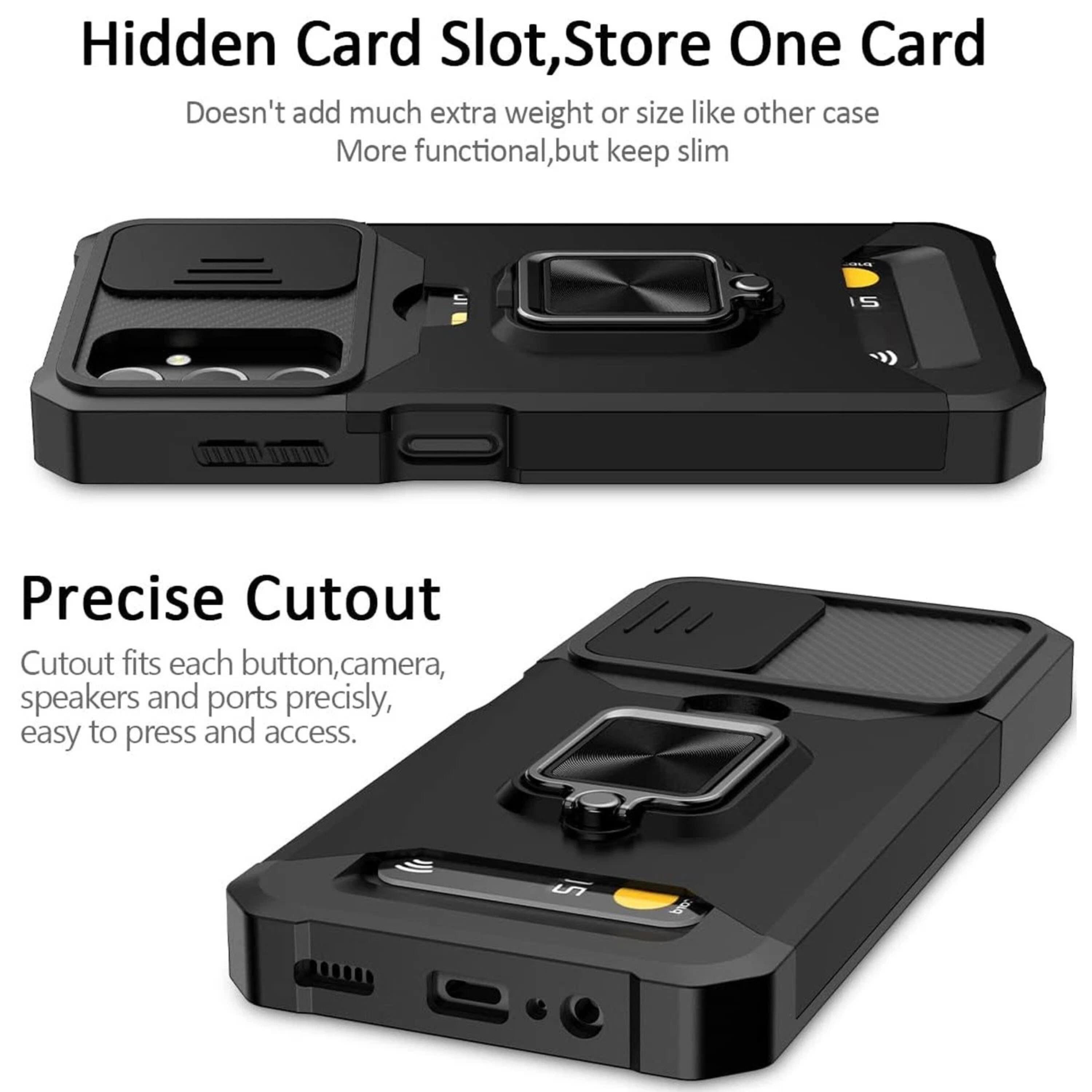 Hidden Card Slot, Store One Card  
Doesn't add much extra weight or size like other case  
More functional, but keep slim  

Precise Cutout  
Cutout fits each button, camera, speakers and ports precisely, easy to press and access.
