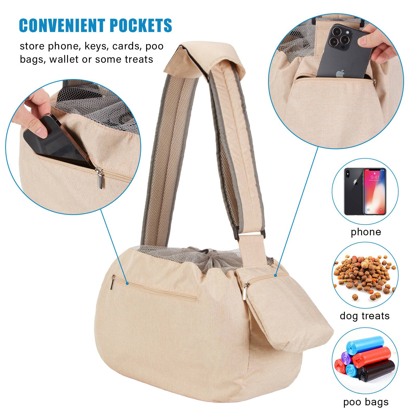 CONVENIENT POCKETS  
store phone, keys, cards, poo bags, wallet or some treats

- phone
- dog treats
- poo bags