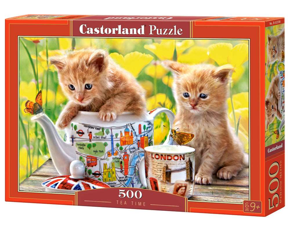 500 Piece Jigsaw Puzzle, Tea Time, Animal puzzle, Cat puzzle, Kittie puzzle, Cute cat, Castorland B-52356 - Red