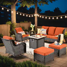 Ovios - 7 PCS Patio Furniture Conversation Set with 30" Fire Pit High Back Swivel Chair & Side Table - Orange Red(Brown Wicker)