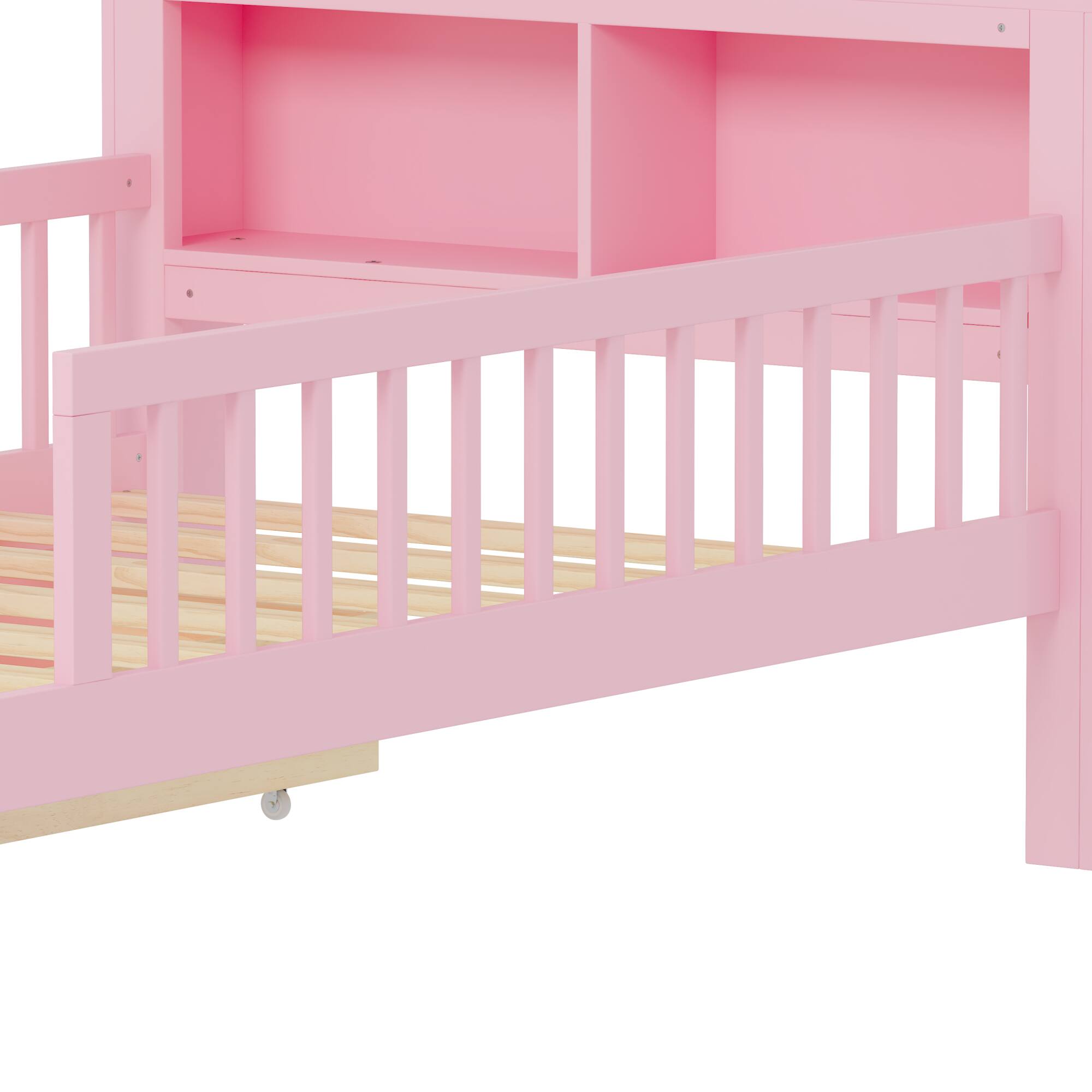 Alt View 7. GOODSILO - Twin Size Bed with Headboard Storage and Under-Bed Drawers Featuring Safety Guardrails - Pink.