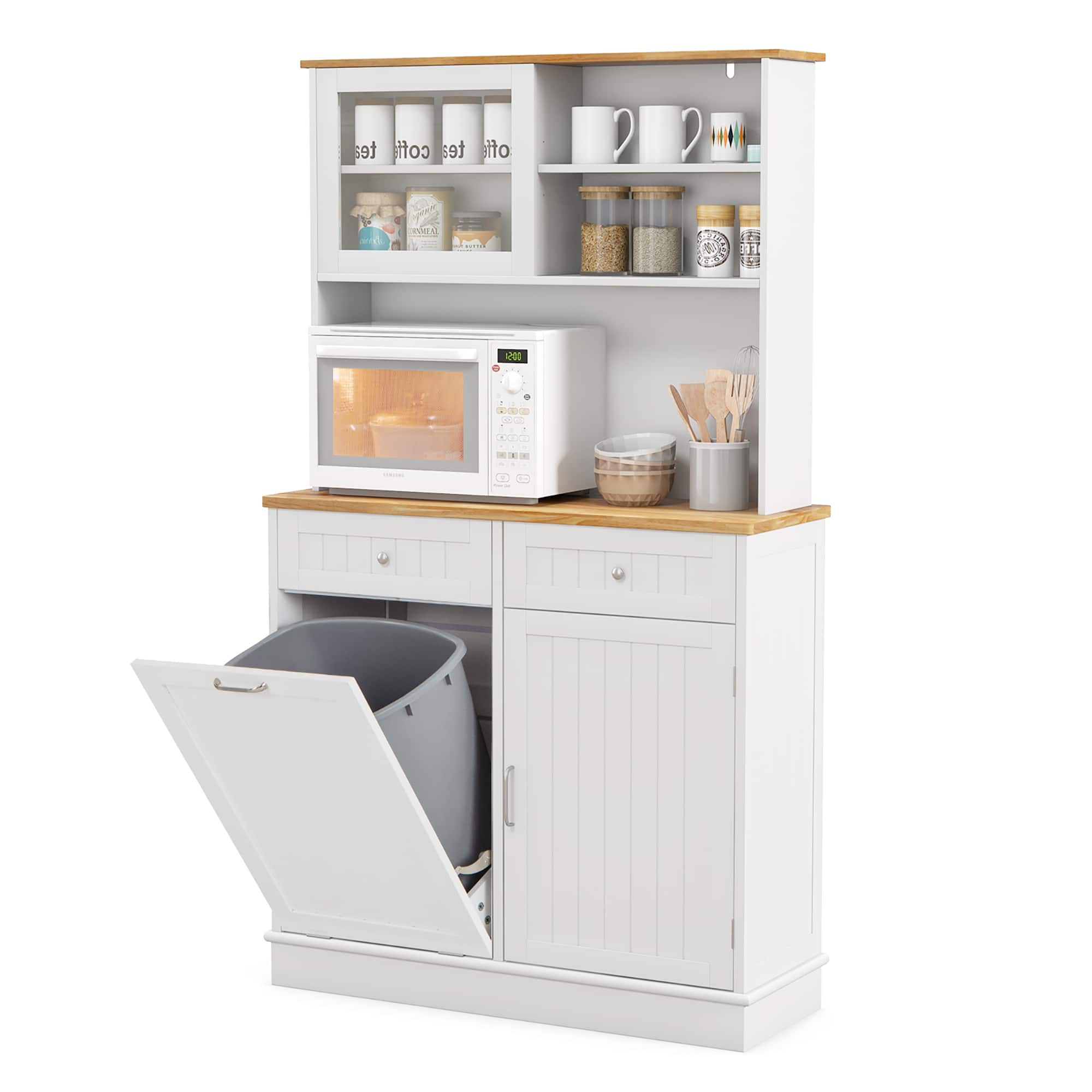 Gymax - Double Tilt Out Trash Cabinet w/ Hutch Kitchen Pantry Storage Cabinet White - White, Natural