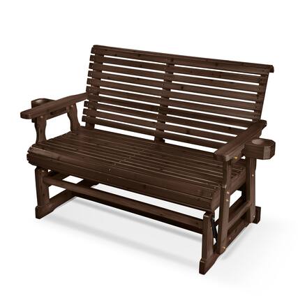 Front. Fortune Candy - Wooden Patio Glider with Cup Holders, High Roll Back and Deep Contoured Seat, Heavy Duty 800 Lb (2-Seater) - Deep Brown.