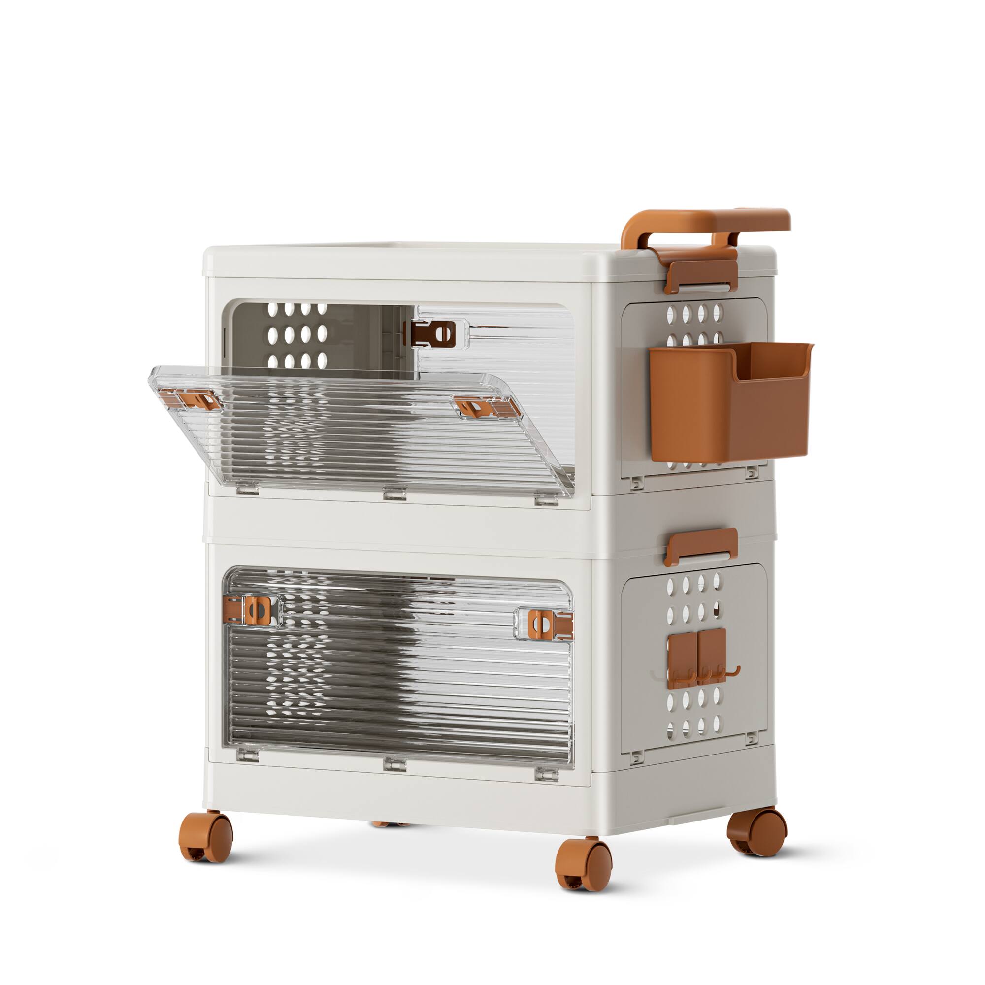 Front. KERDOM - Stackable Plastic Storage Bins Set, Movable 34 QT Foldable Storage Boxes Organizers with Hooks, Collapsible Drawers - White.