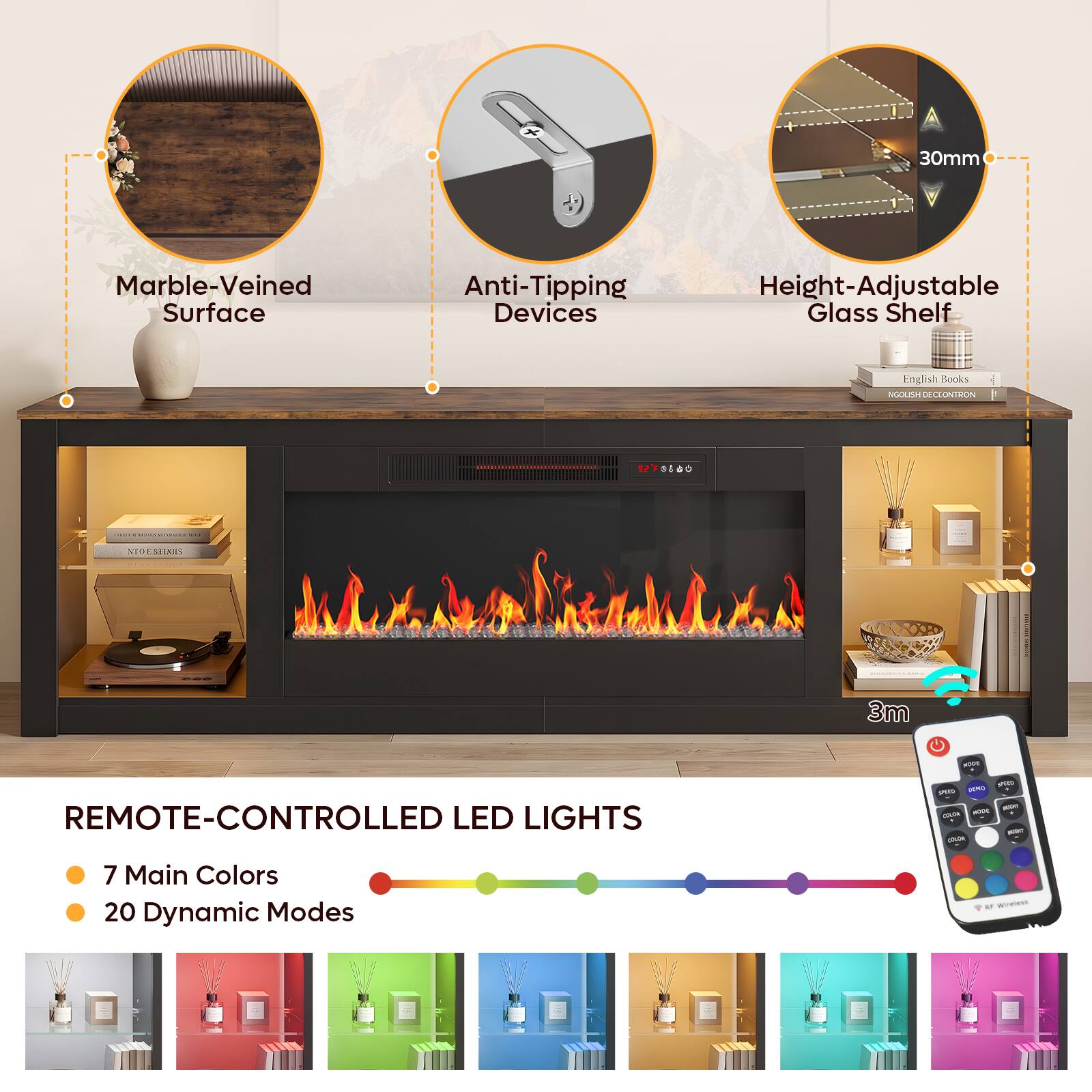 30mm Marble-Veined Surface Anti-Tipping Devices Height-Adjustable Glass Shelf Entlish Rooks NGOUSH La CLONTHON 100 : - NO TOEMIS 3m - REMOTE-CONTROLLED LED LIGHTS - 7 Main Colors 20 Dynamic Modes