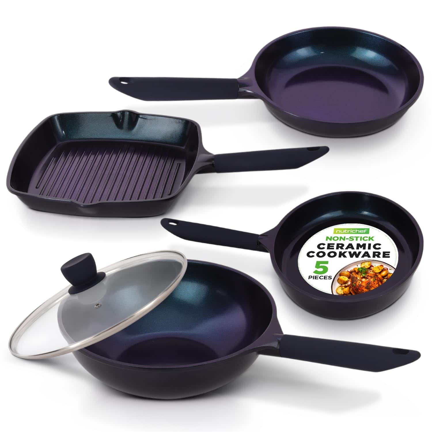 NutriChef - 5-Piece Frying Pan Cooking Set - Black