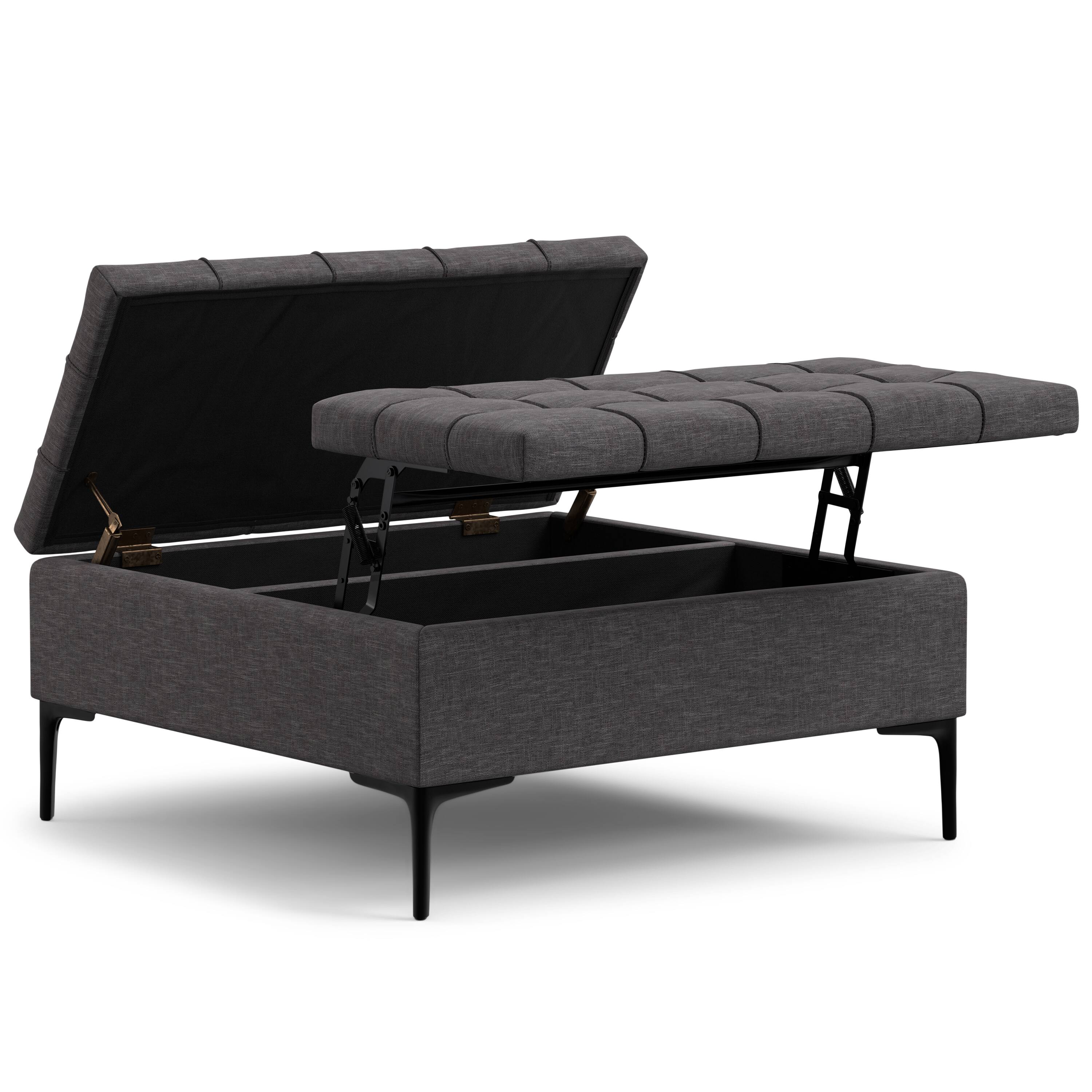 Back. Simpli Home - Laura 36 inch Wide Transitional Square Mid Century Lift Top Storage Ottoman in Slate Grey Polyester Linen, Assembled - Slate Grey.
