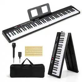 Costway - 88 Key Folding Piano Keyboard with Wireless MIDI Dual Speakers 1000 Timbres - Black